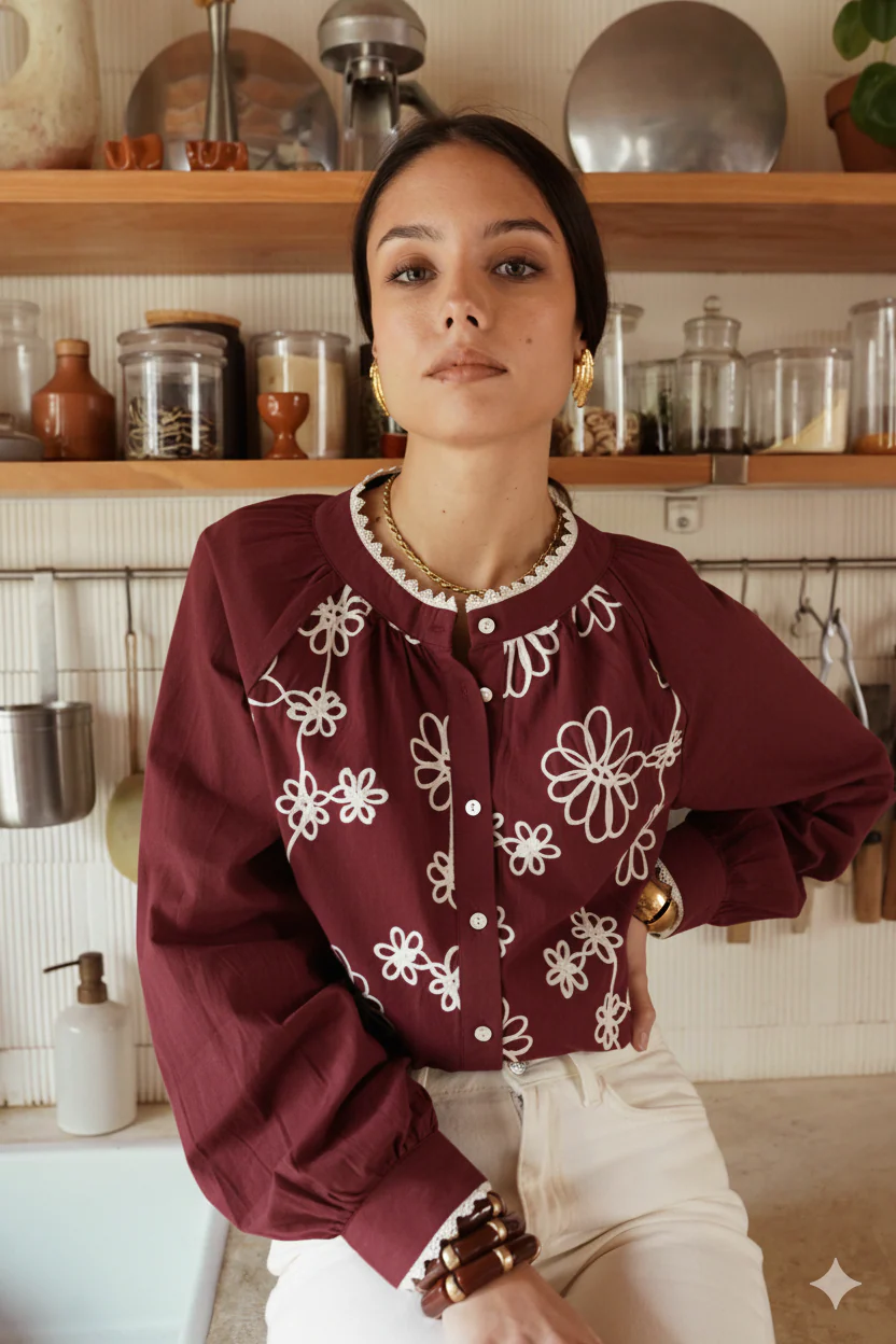 Geneviève Flower Blouse - Bordeaux