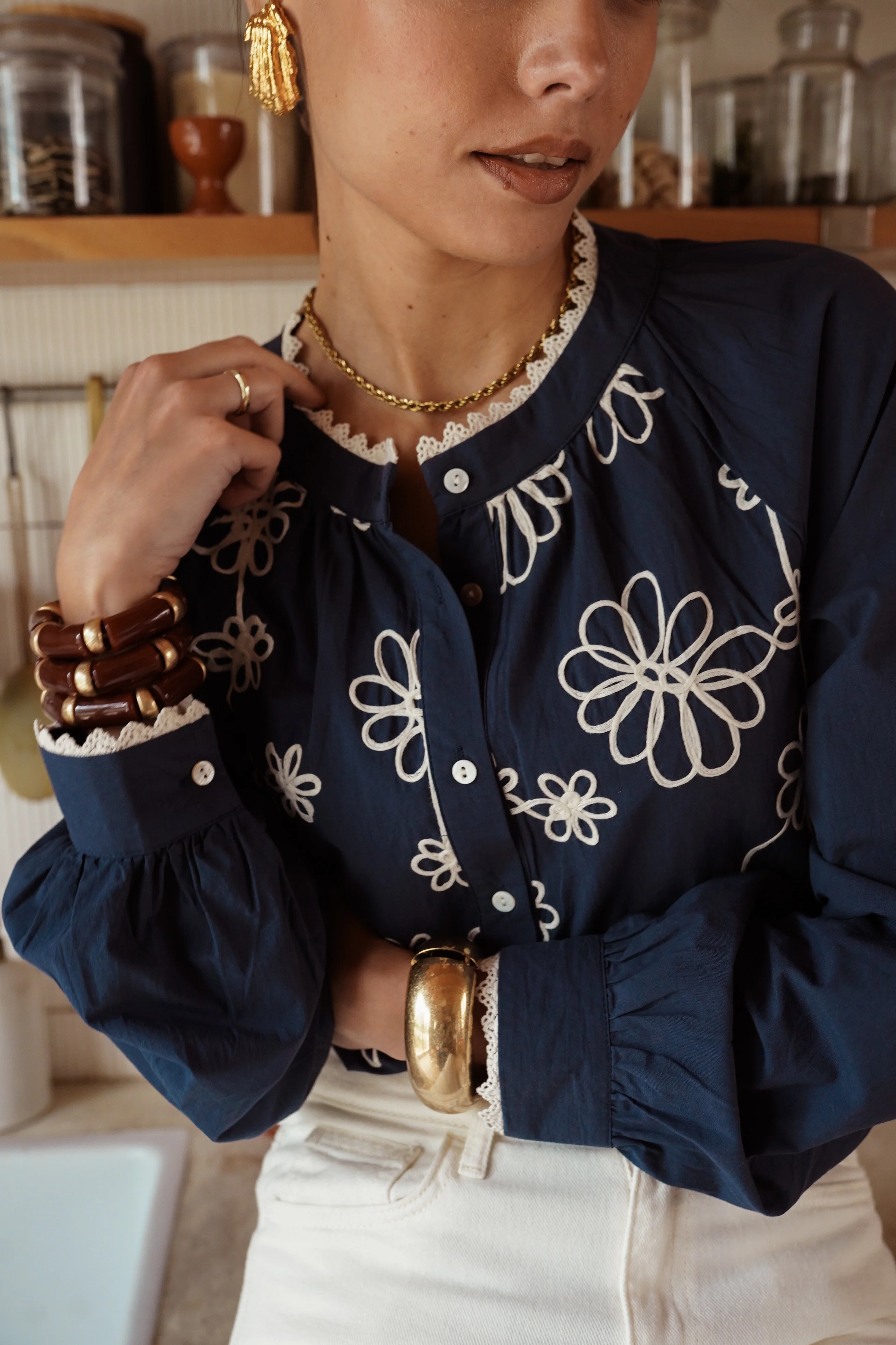 Geneviève Flower Blouse - Navy