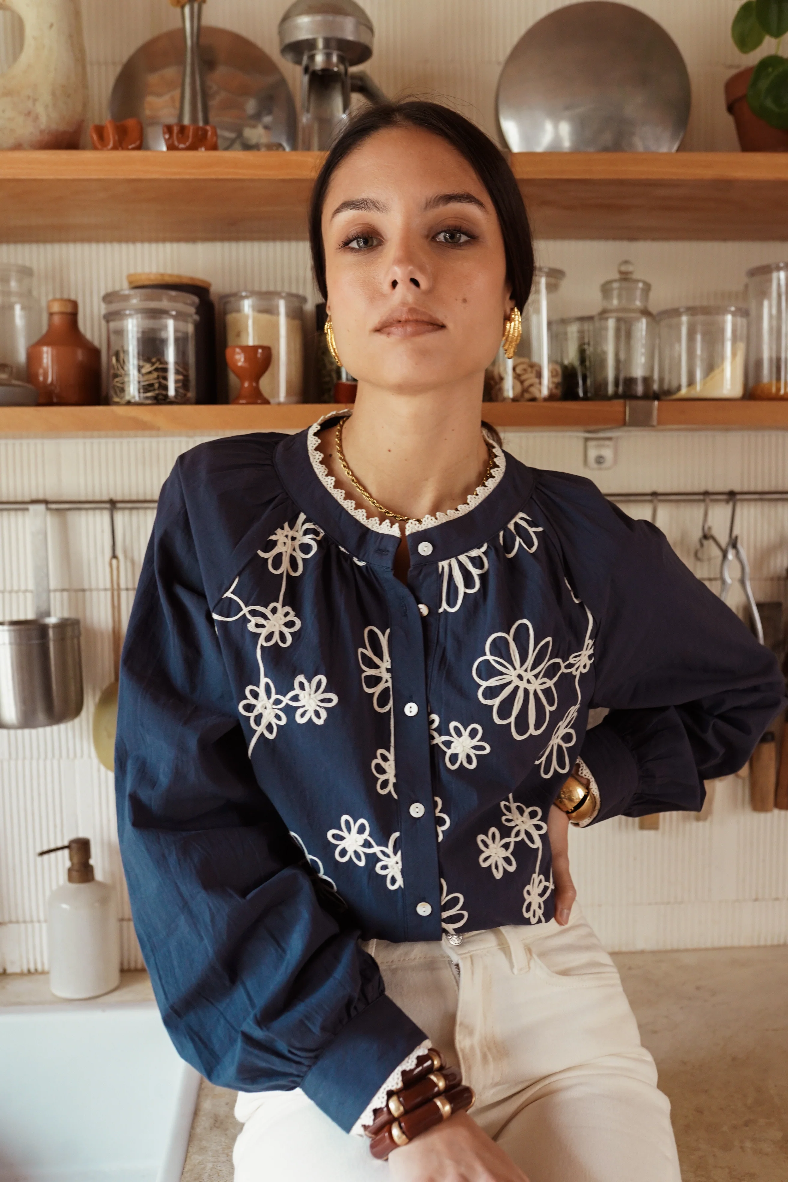 Geneviève Flower Blouse - Navy - Image 3