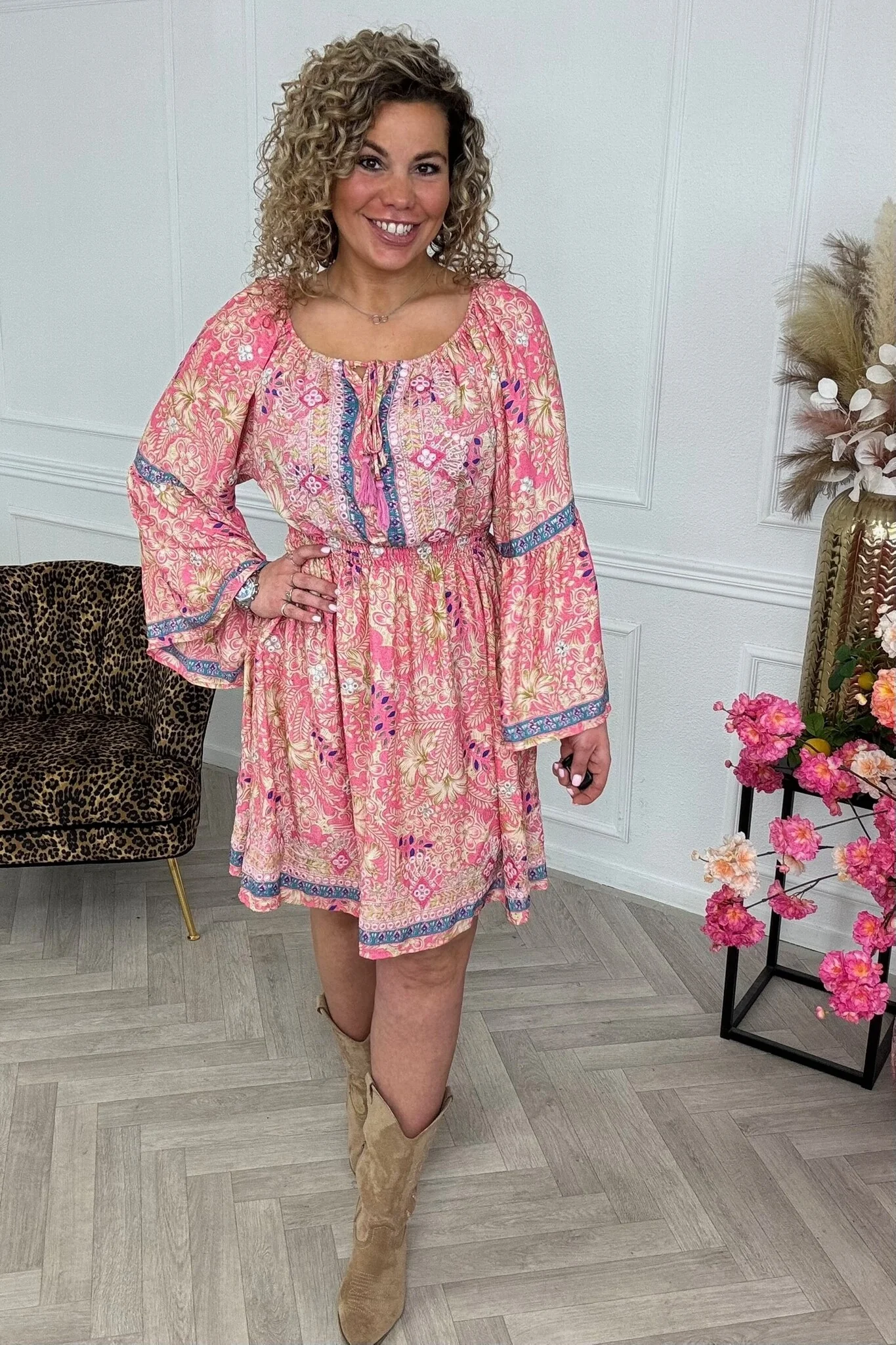 Hailey Short Dress - Pink/Beige - Image 2