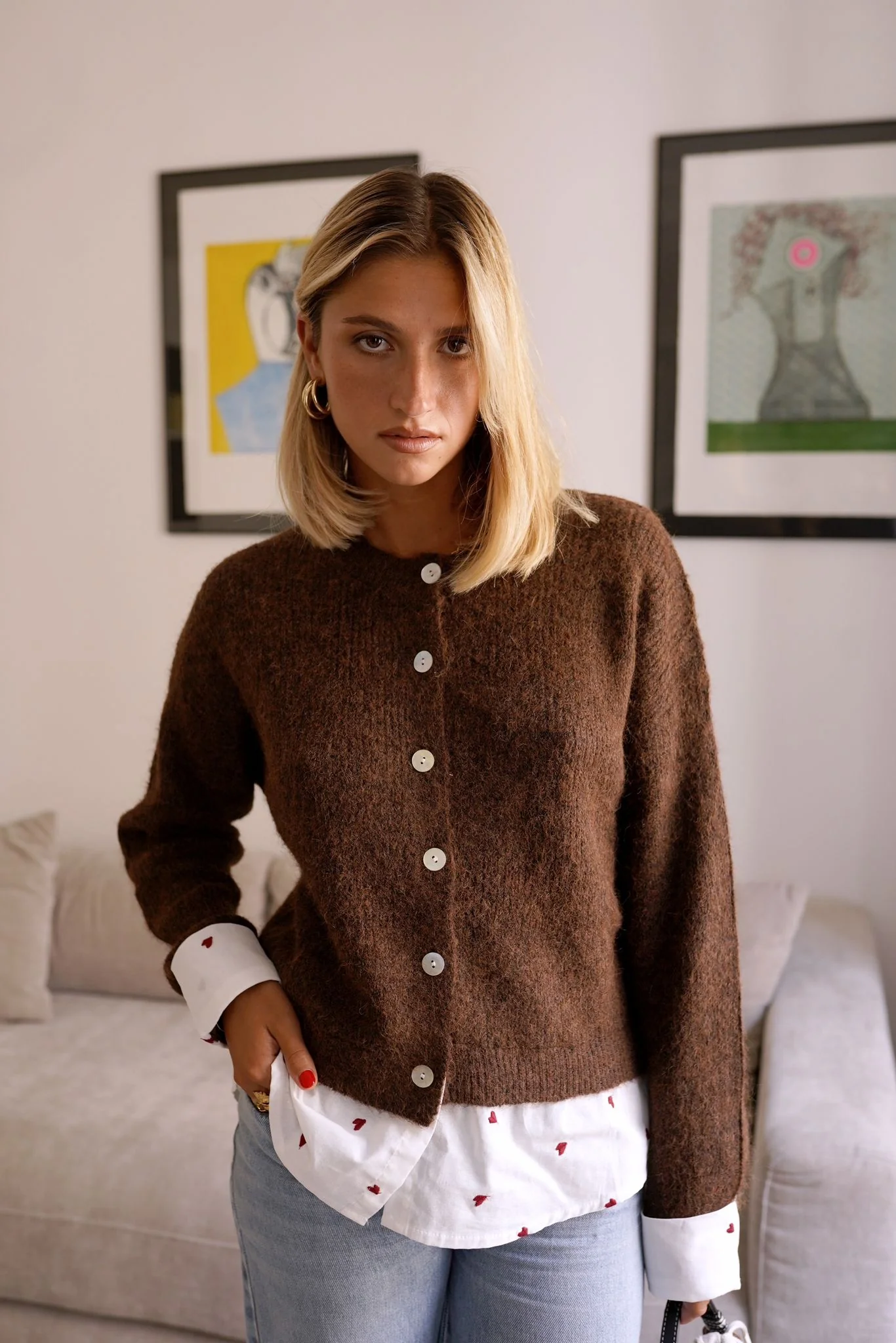 Heart Blouse Cardigan - Brown