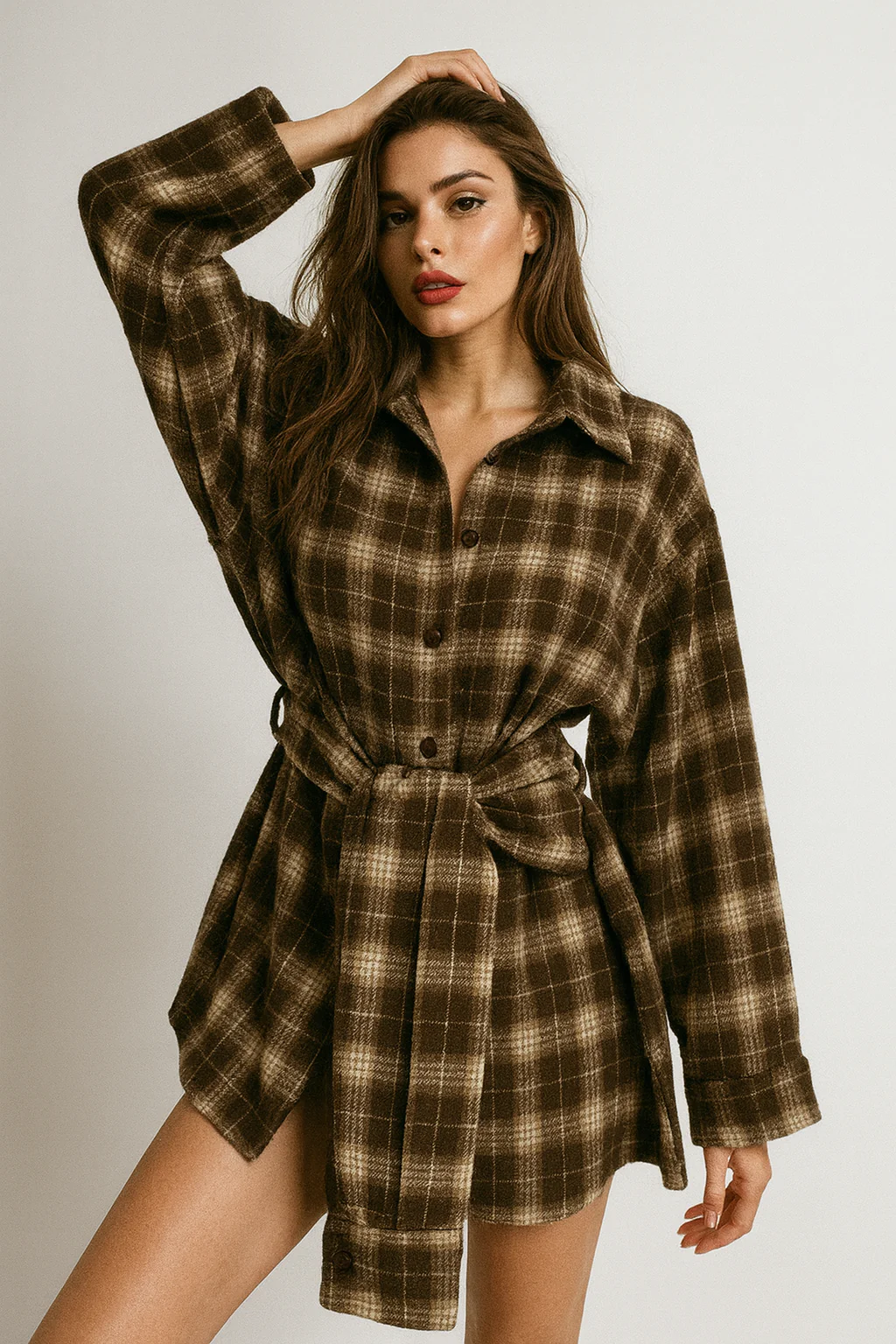 Isa Checkered Blouse Dress - Brown