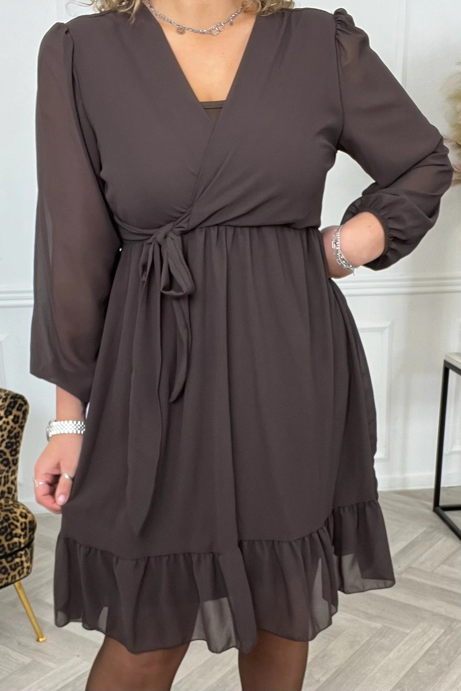 Julia Ruffle Dress - Brown - Image 3
