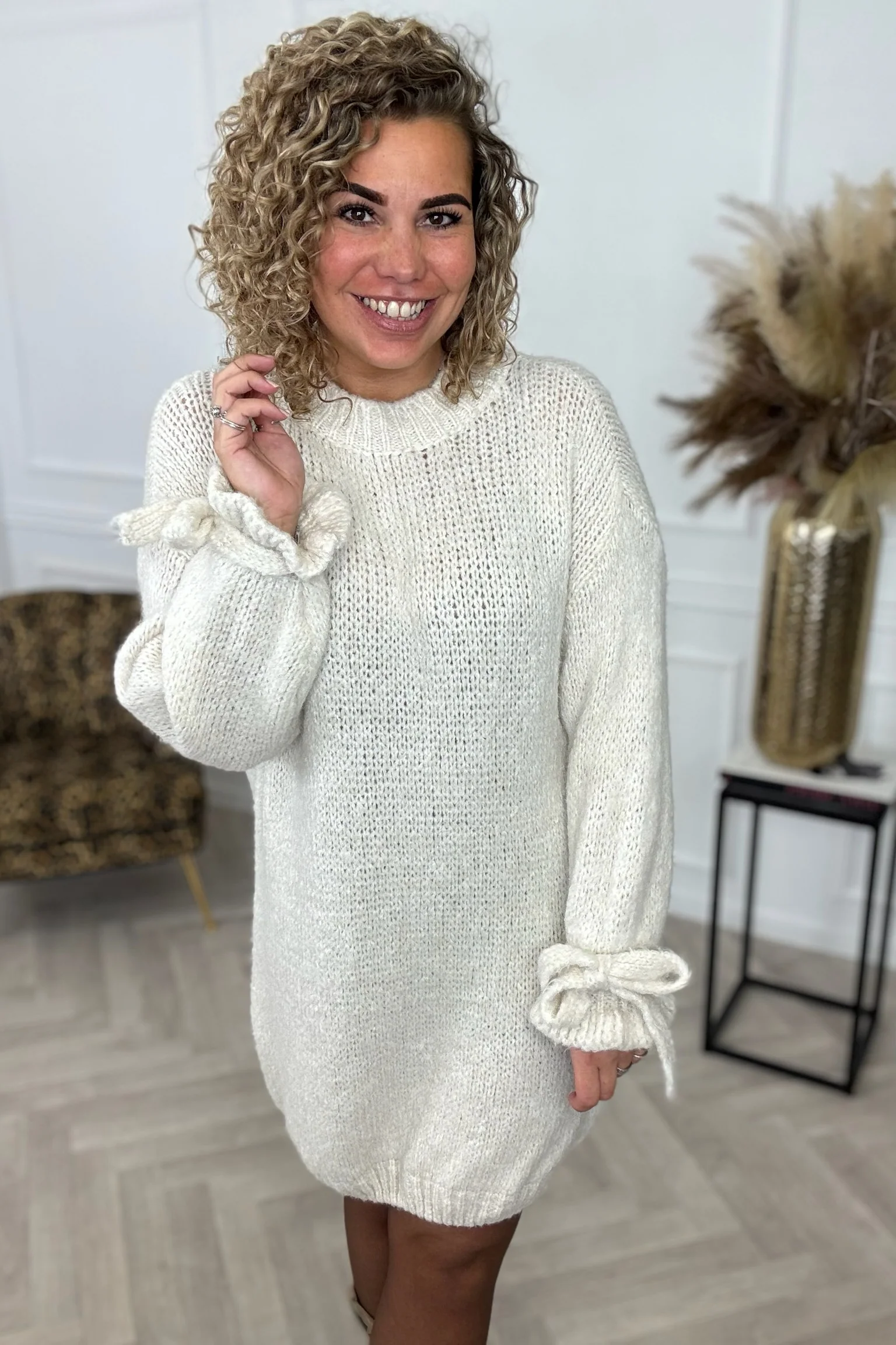 Knitted Bow Dress - Beige