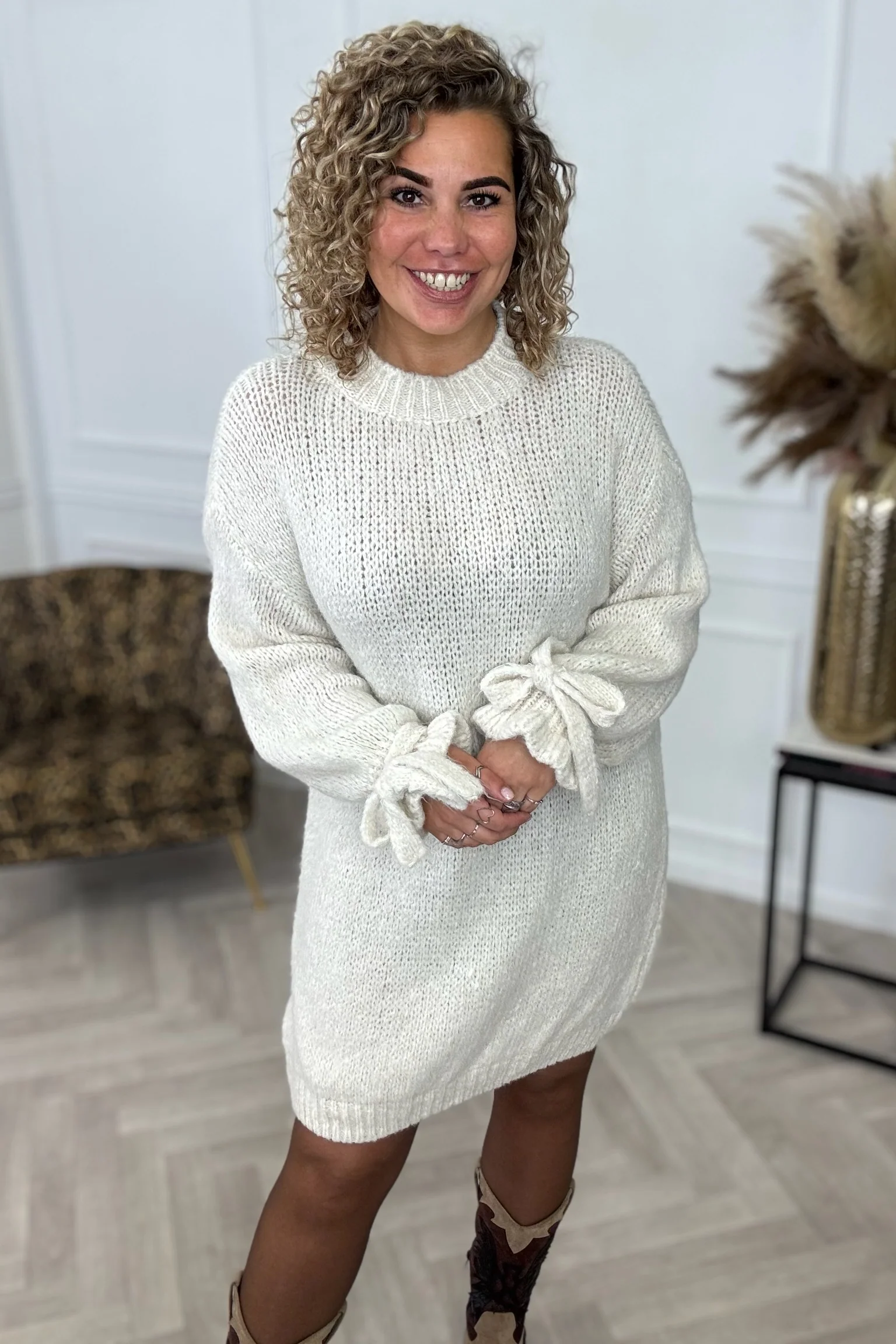 Knitted Bow Dress - Beige - Image 2