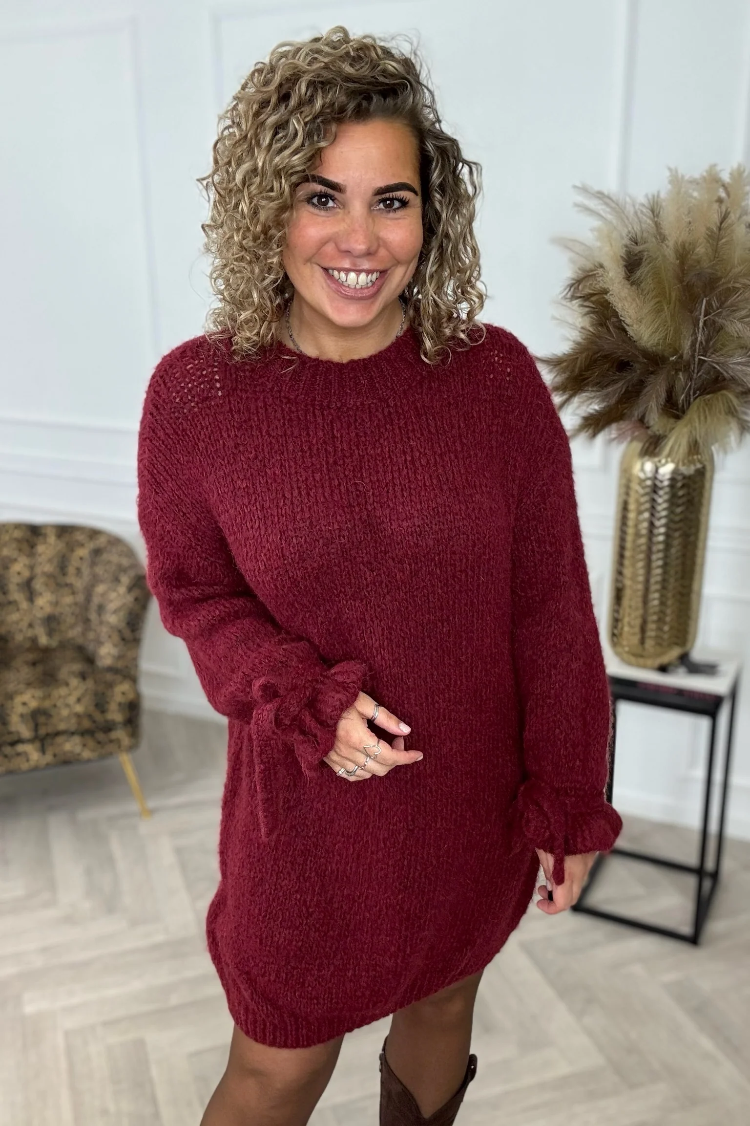 Knitted Bow Dress - Bordeaux - Image 3