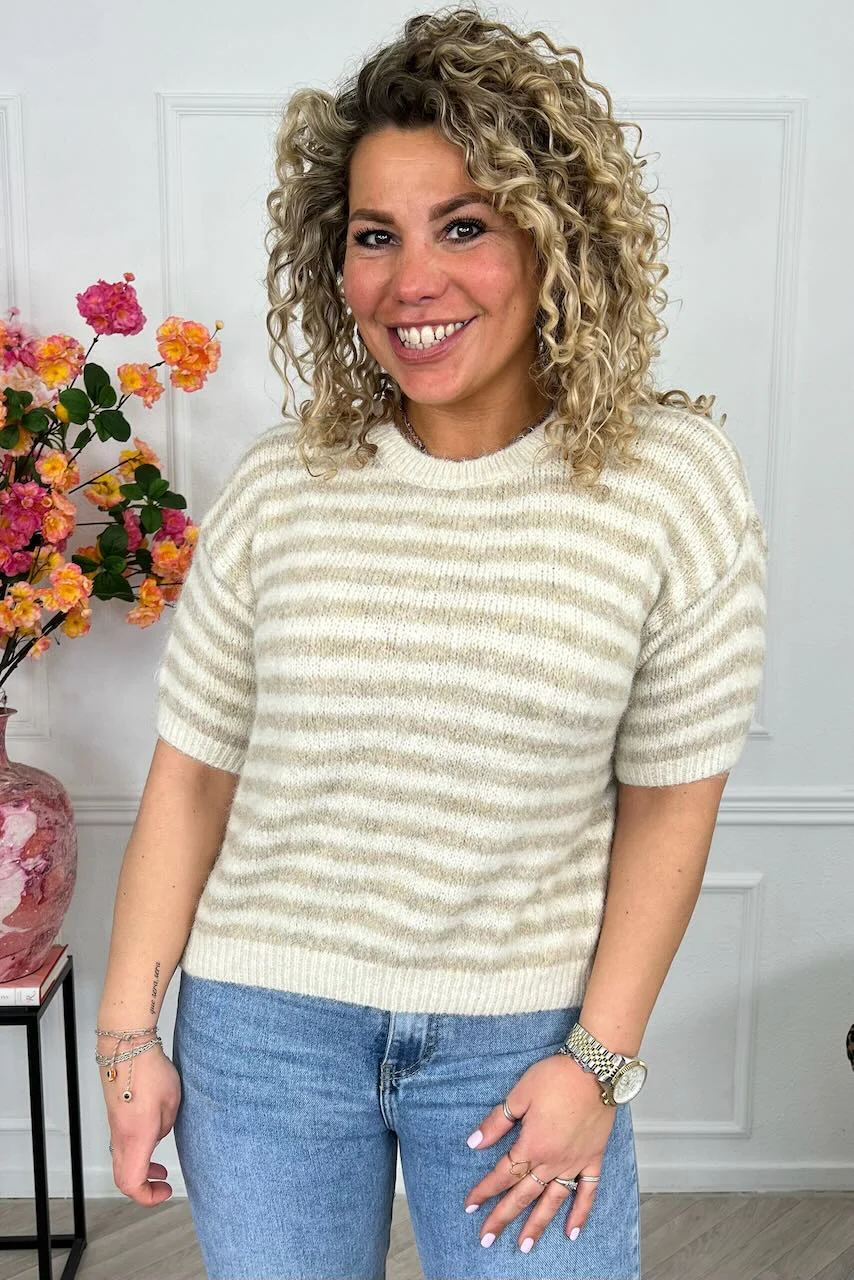 Knitted Short Sleeve Striped Sweater - Beige/Creme