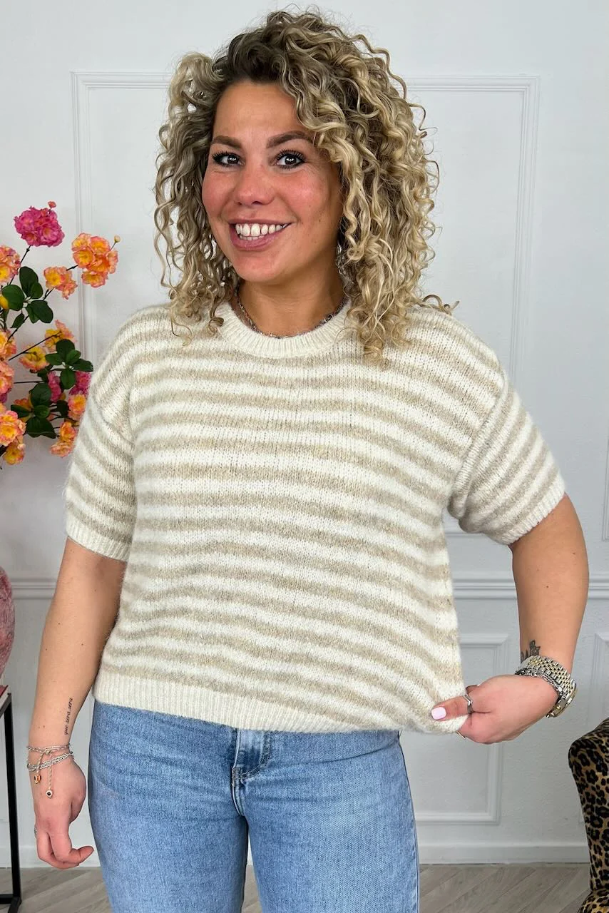 Knitted Short Sleeve Striped Sweater - Beige/Creme - Image 2
