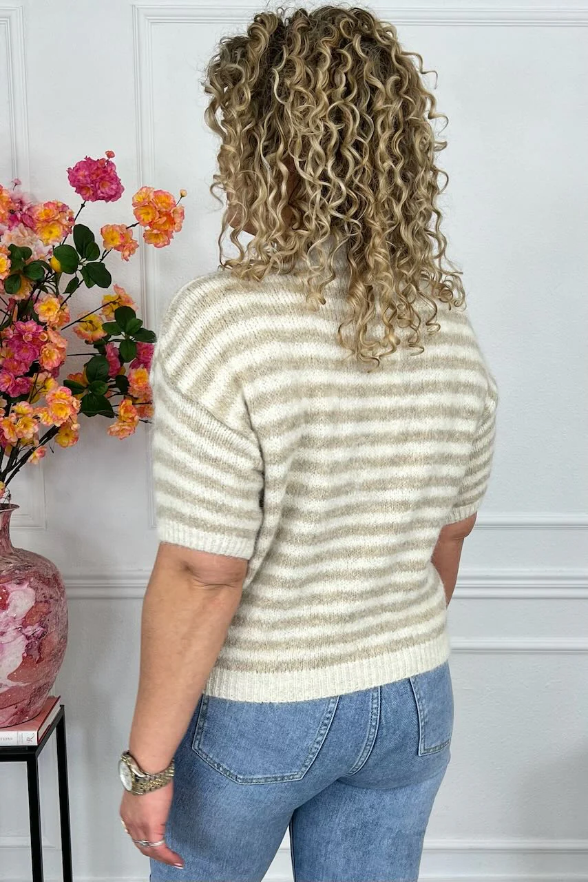 Knitted Short Sleeve Striped Sweater - Beige/Creme - Image 3