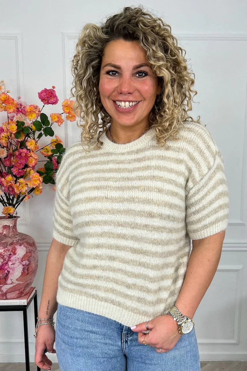 Knitted Short Sleeve Striped Sweater - Beige/Creme - Image 4