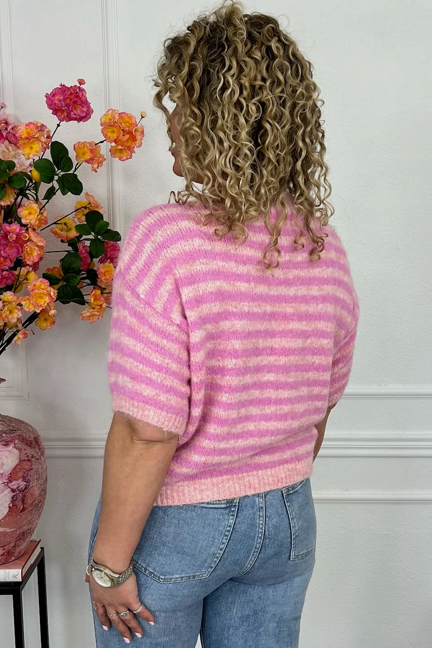 Knitted Short Sleeve Striped Sweater - Light Pink/Pink - Image 3