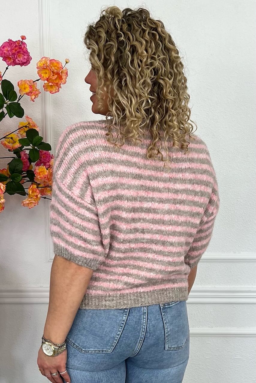 Knitted Short Sleeve Striped Sweater - Light Pink/Taupe - Image 2