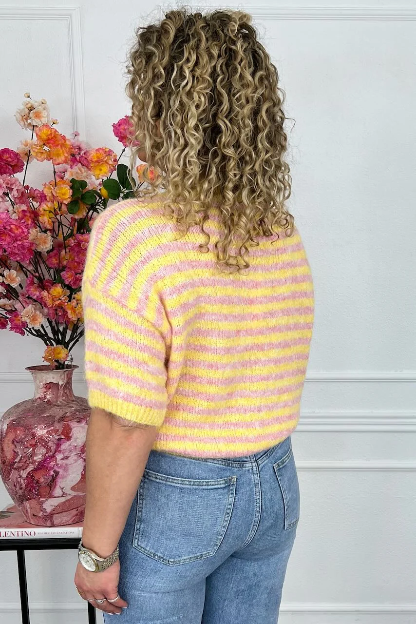 Knitted Short Sleeve Striped Sweater - Pink/Yellow - Image 2