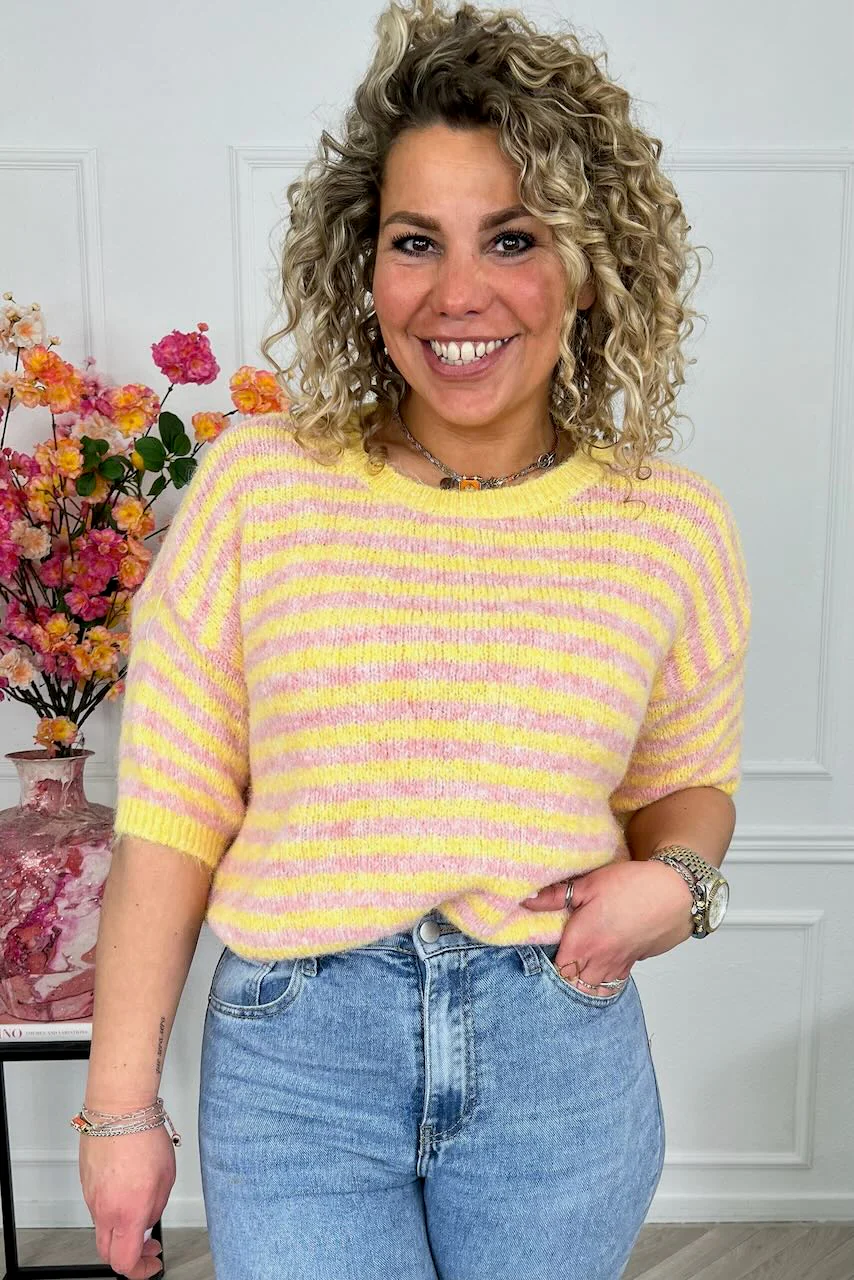 Knitted Short Sleeve Striped Sweater - Pink/Yellow - Image 3