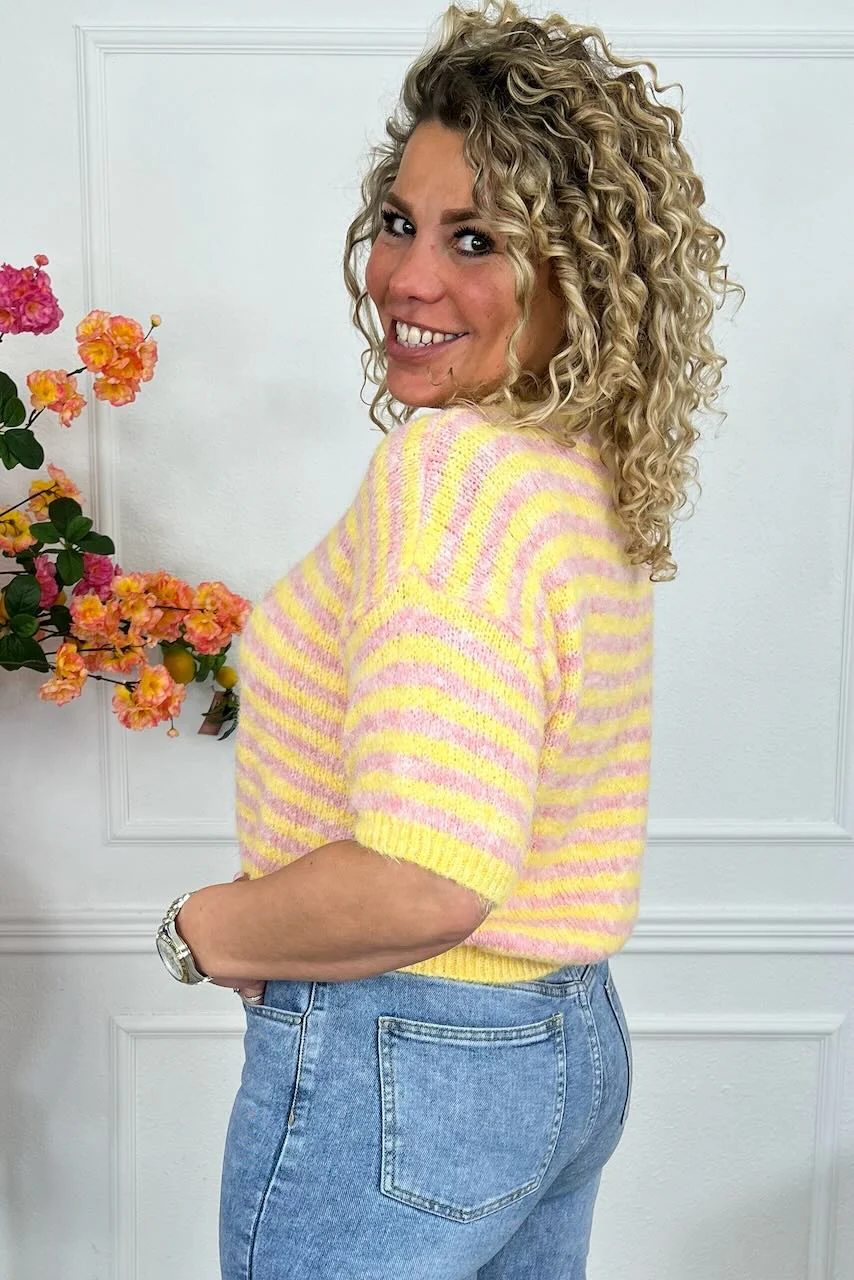 Knitted Short Sleeve Striped Sweater - Pink/Yellow - Image 4