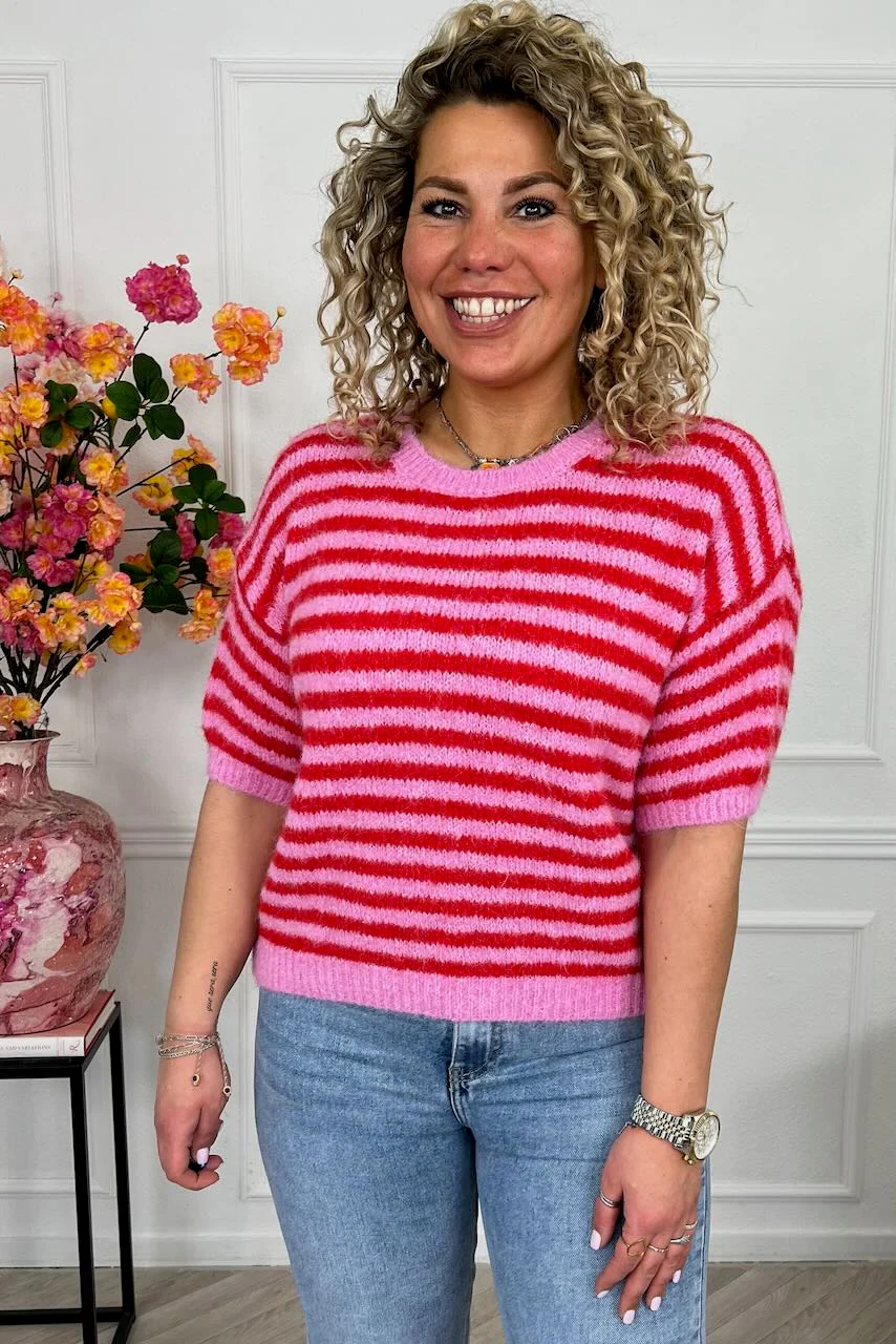 Knitted Short Sleeve Striped Sweater - Red/Pink