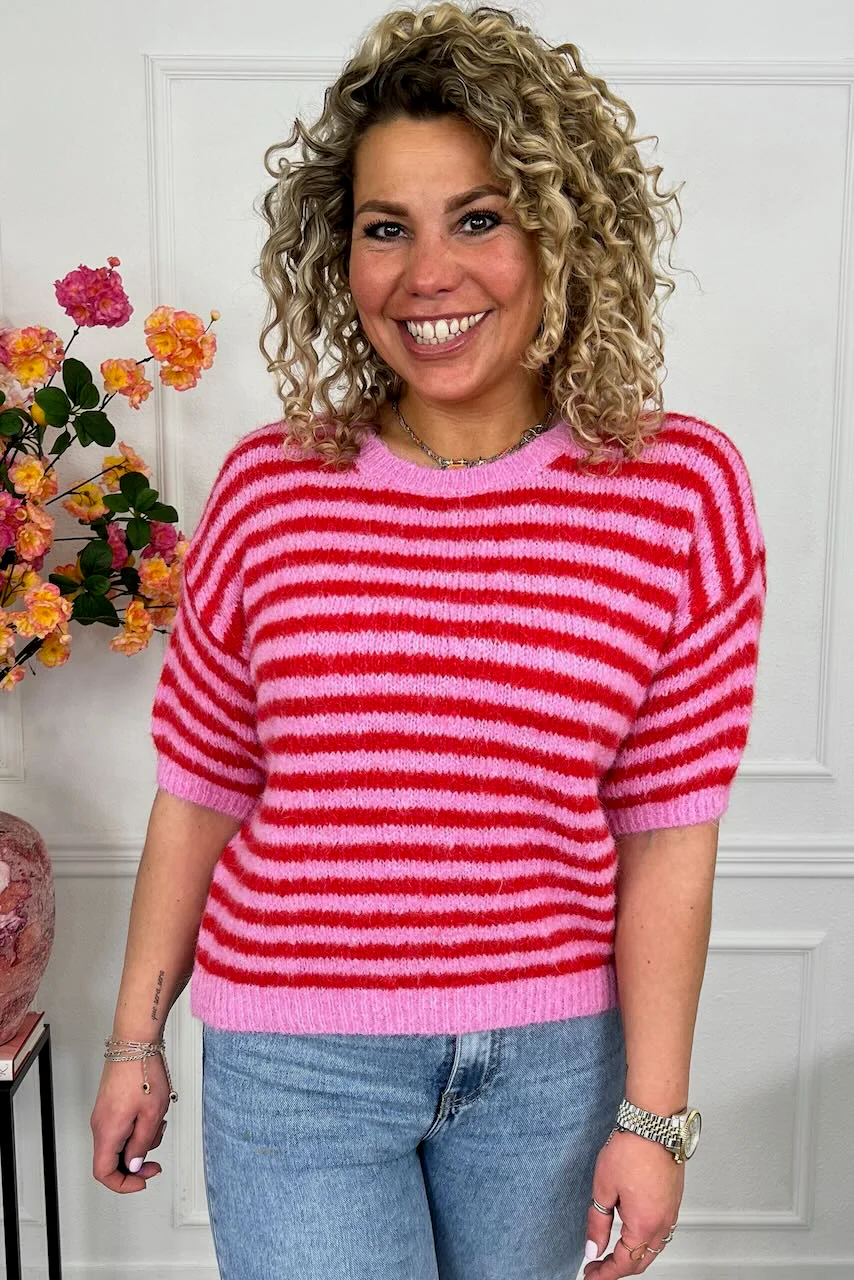 Knitted Short Sleeve Striped Sweater - Red/Pink - Image 3