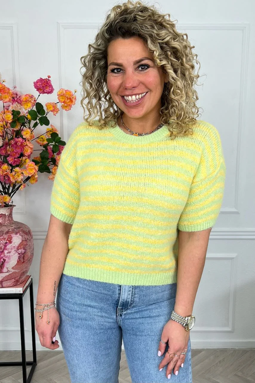 Knitted Short Sleeve Striped Sweater - Yellow/Light Green