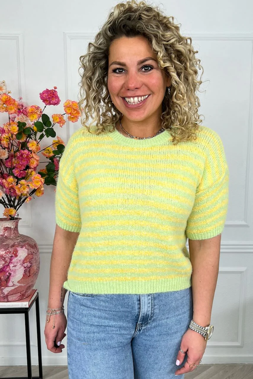 Knitted Short Sleeve Striped Sweater - Yellow/Light Green - Image 3