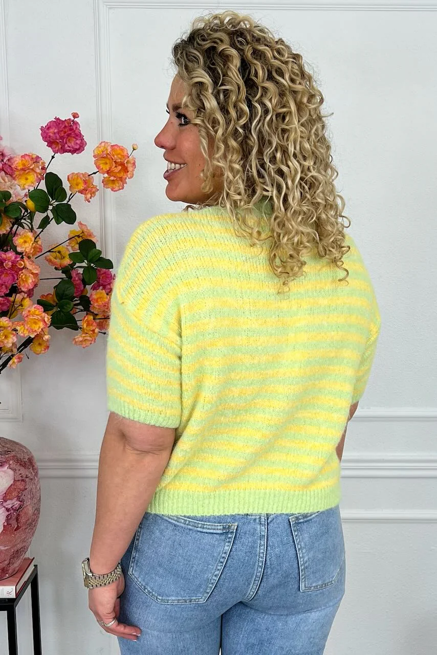 Knitted Short Sleeve Striped Sweater - Yellow/Light Green - Image 4