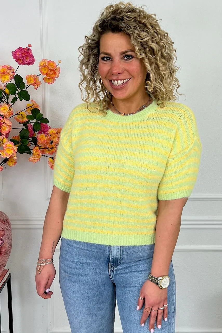 Knitted Short Sleeve Striped Sweater - Yellow/Light Green - Image 5