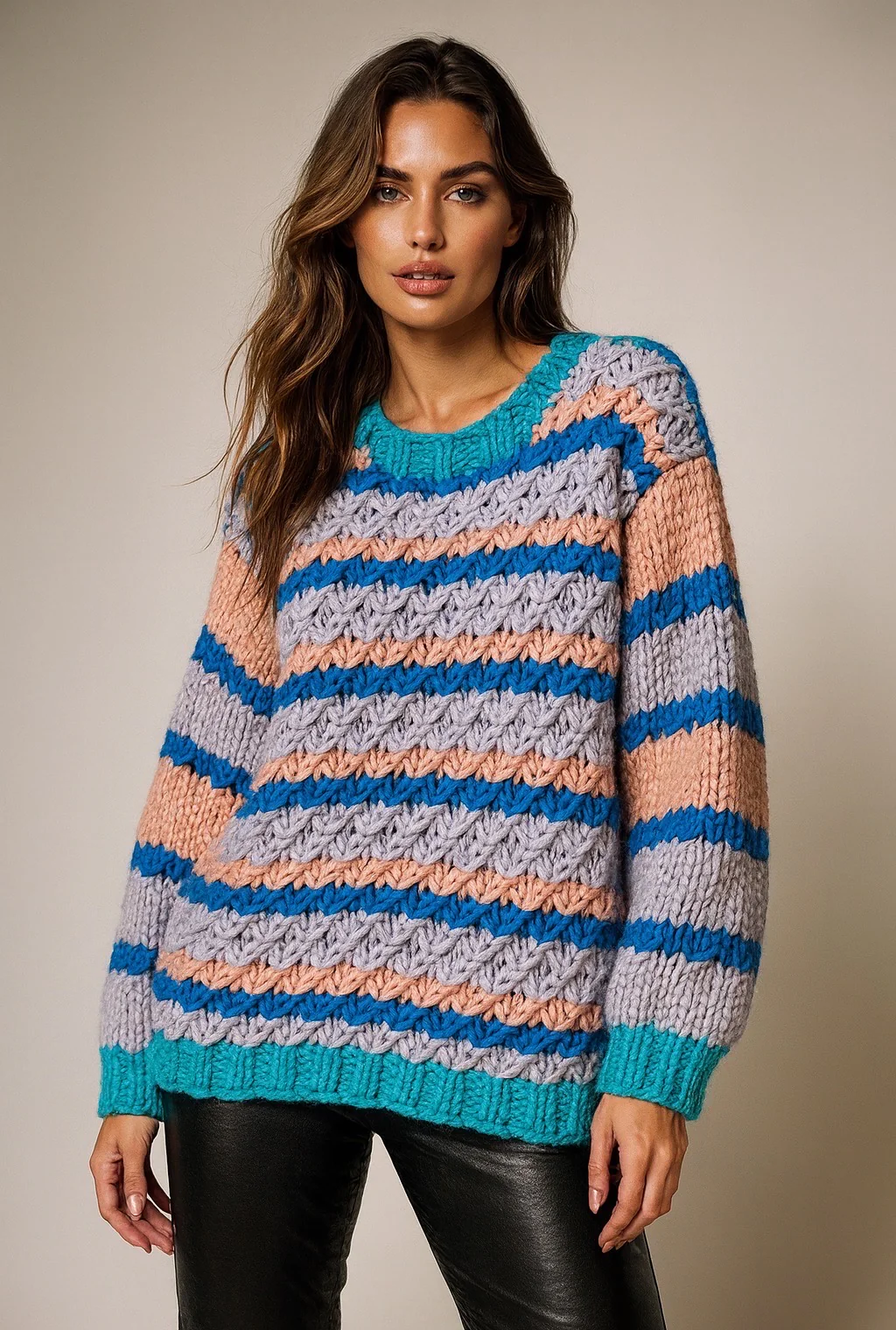 Knitted Striped Sweater - Blue/Coral
