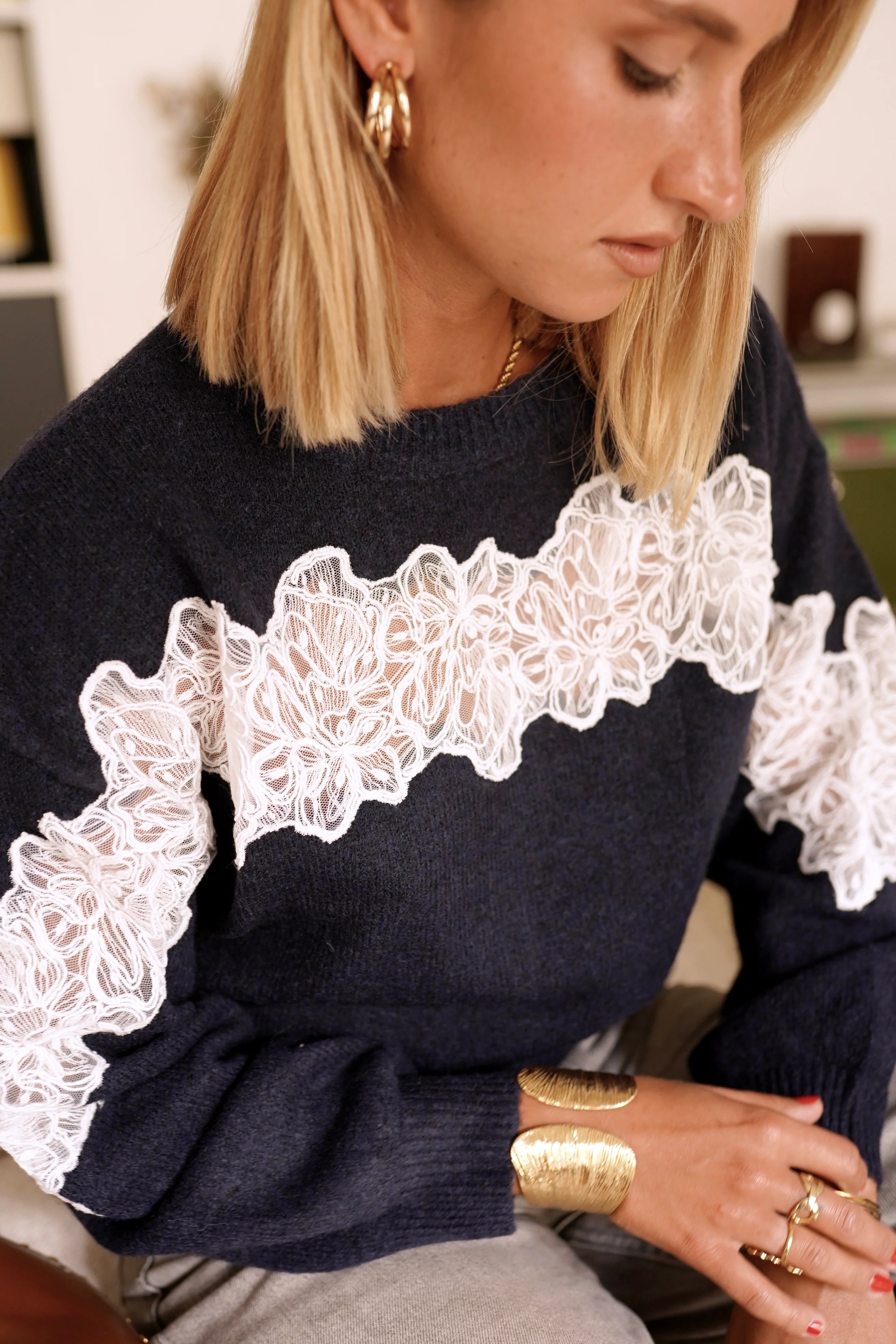 Kyara Lace Sweater - Navy