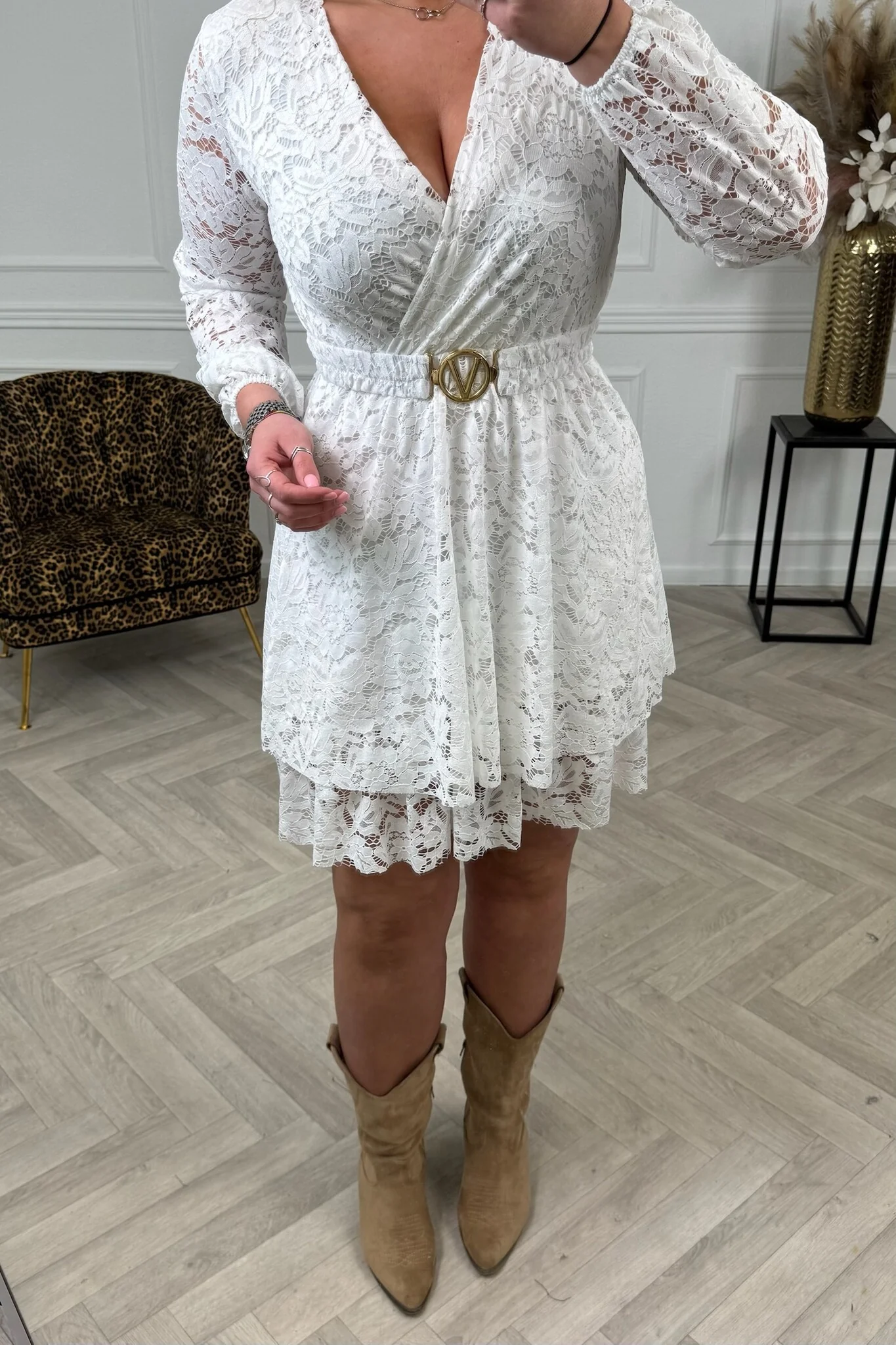 Long Sleeve Lace V Dress - White - Image 2