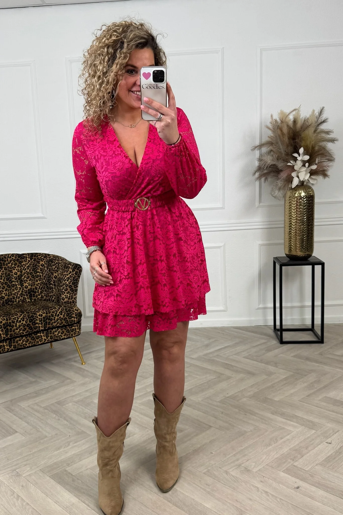 Long Sleeve Lace V Dress - Fuchsia - Image 2