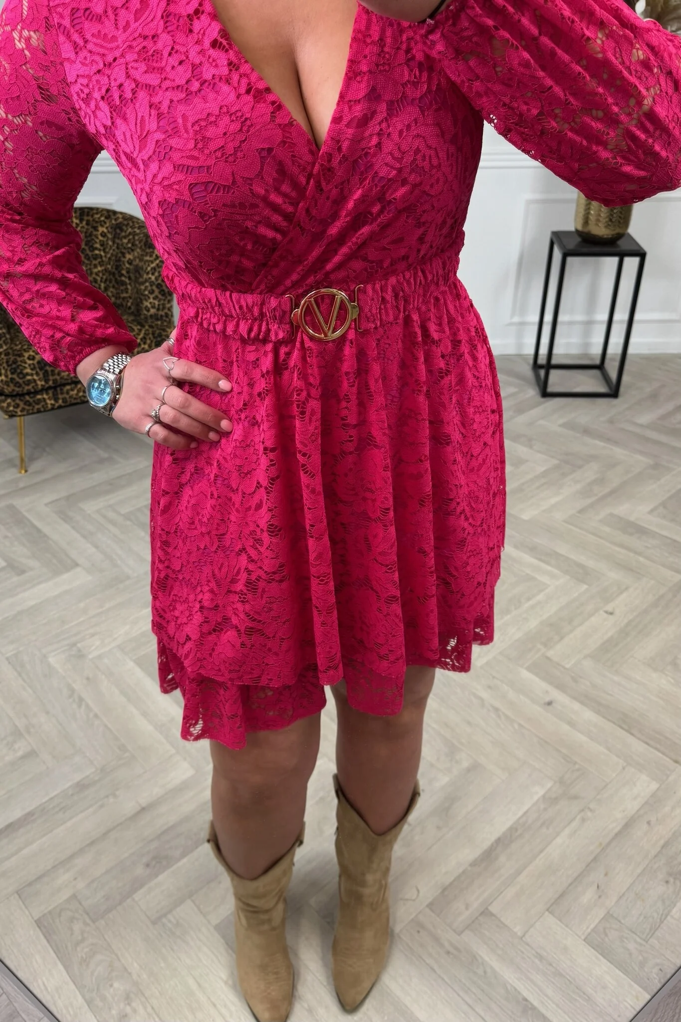 Long Sleeve Lace V Dress - Fuchsia - Image 3
