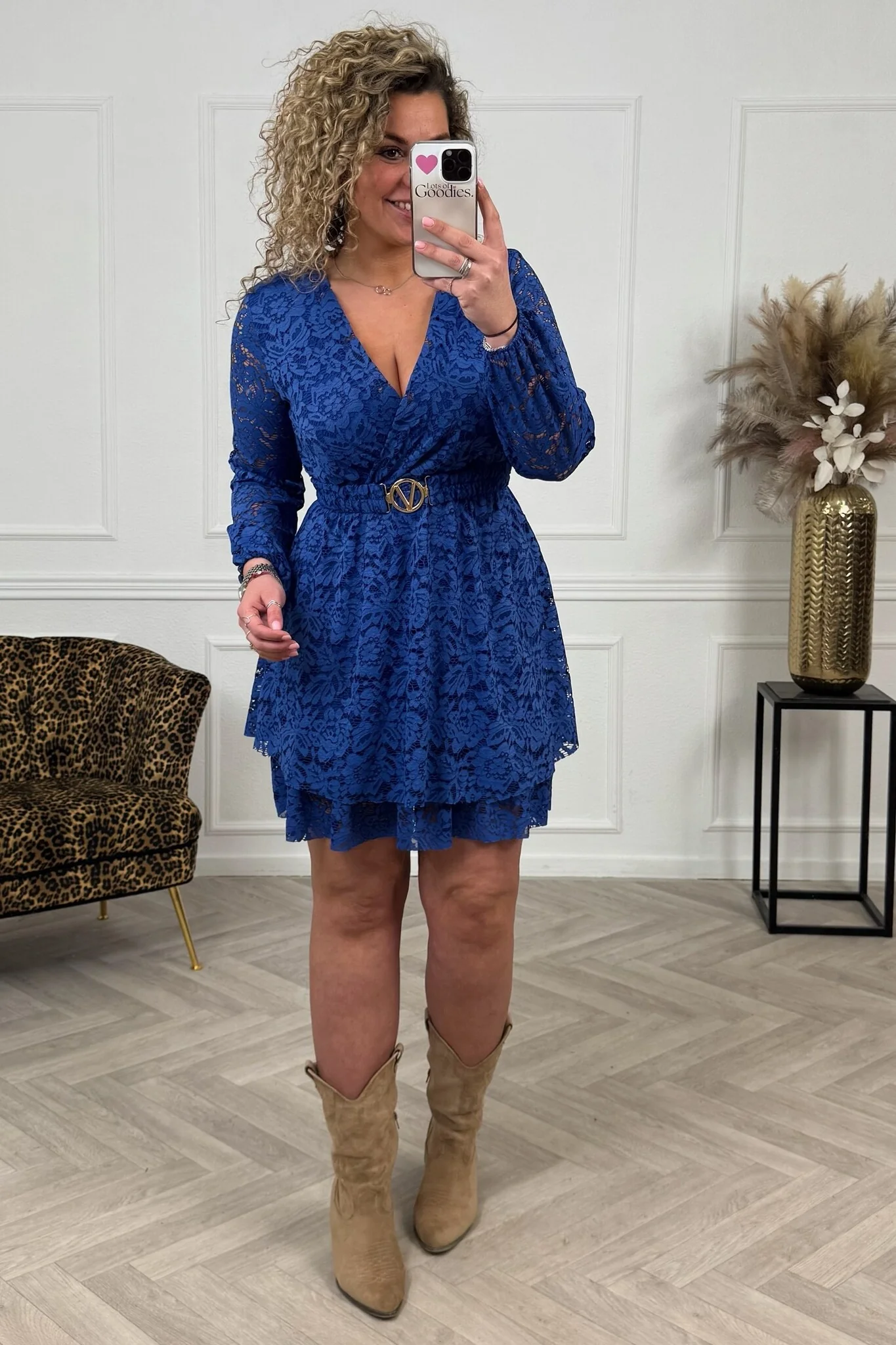 Long Sleeve Lace V Dress - Kobalt