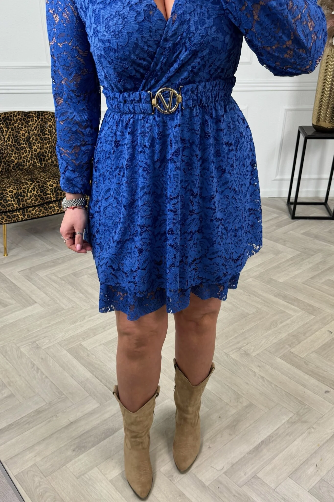 Long Sleeve Lace V Dress - Kobalt - Image 2