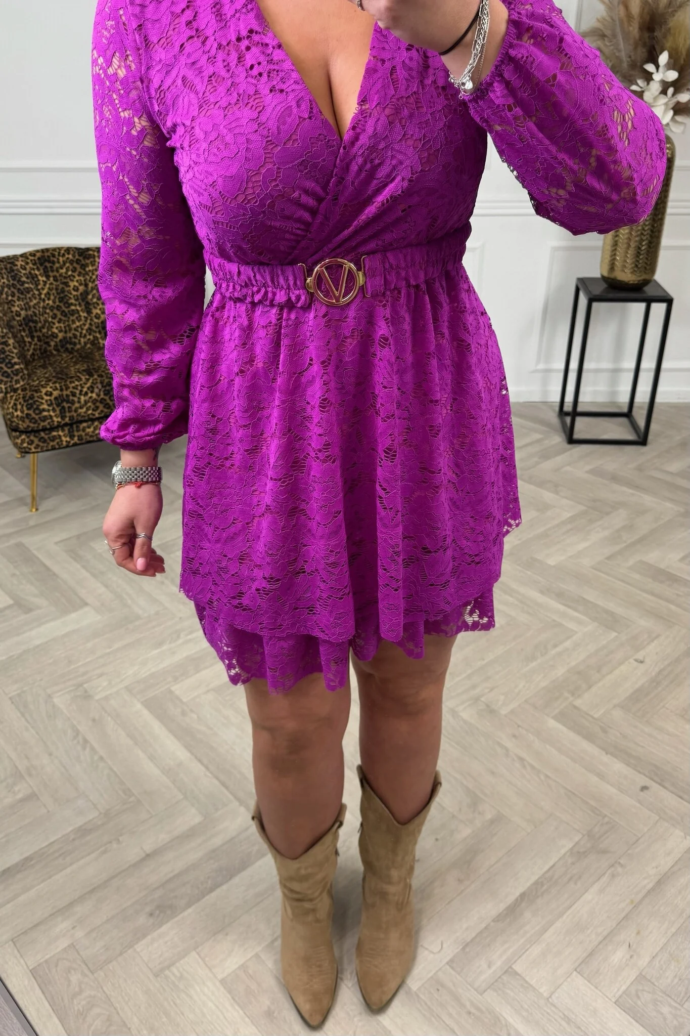 Long Sleeve Lace V Dress - Magenta - Image 2