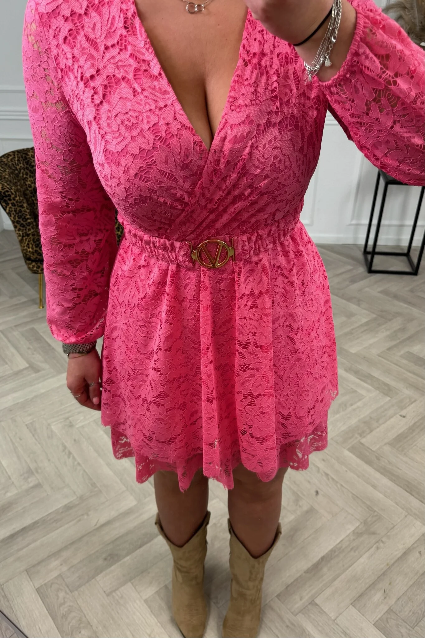 Long Sleeve Lace V Dress - Sugar Pink - Image 2
