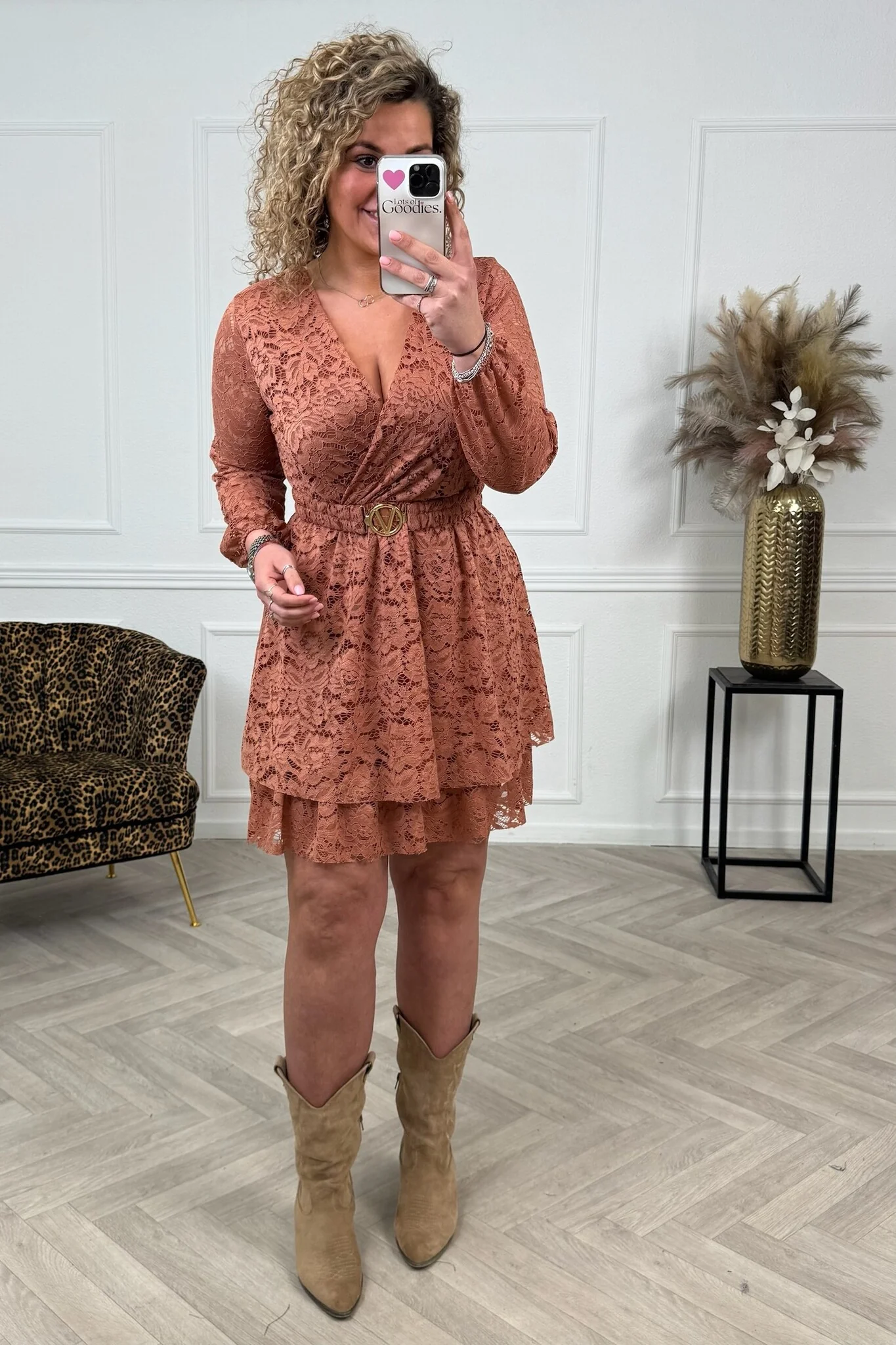 Long Sleeve Lace V Dress - Terracotta