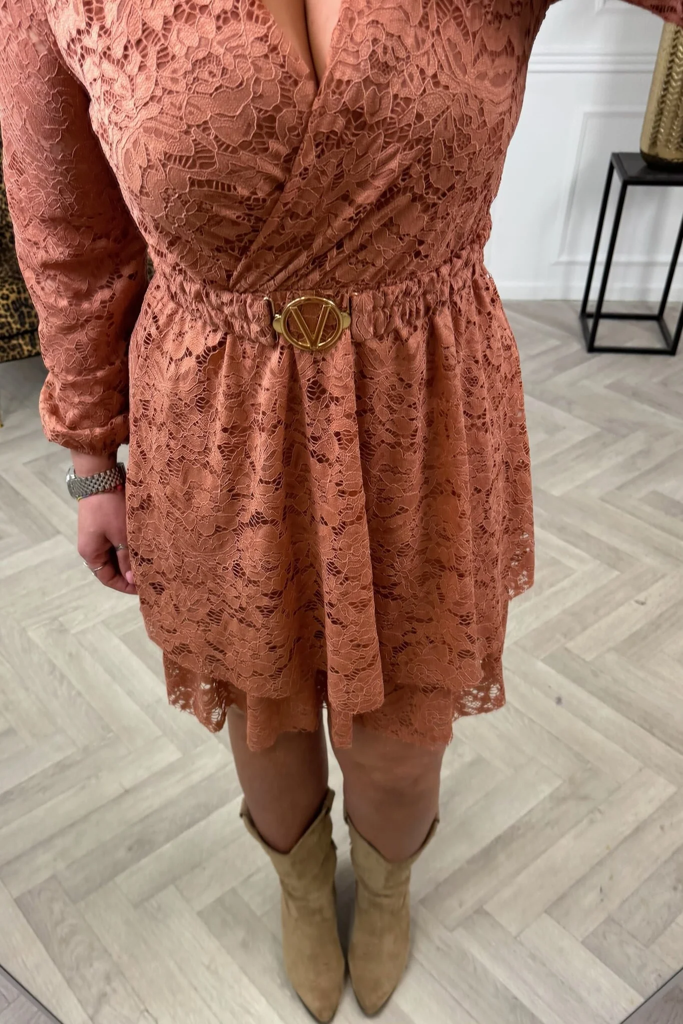 Long Sleeve Lace V Dress - Terracotta - Image 2