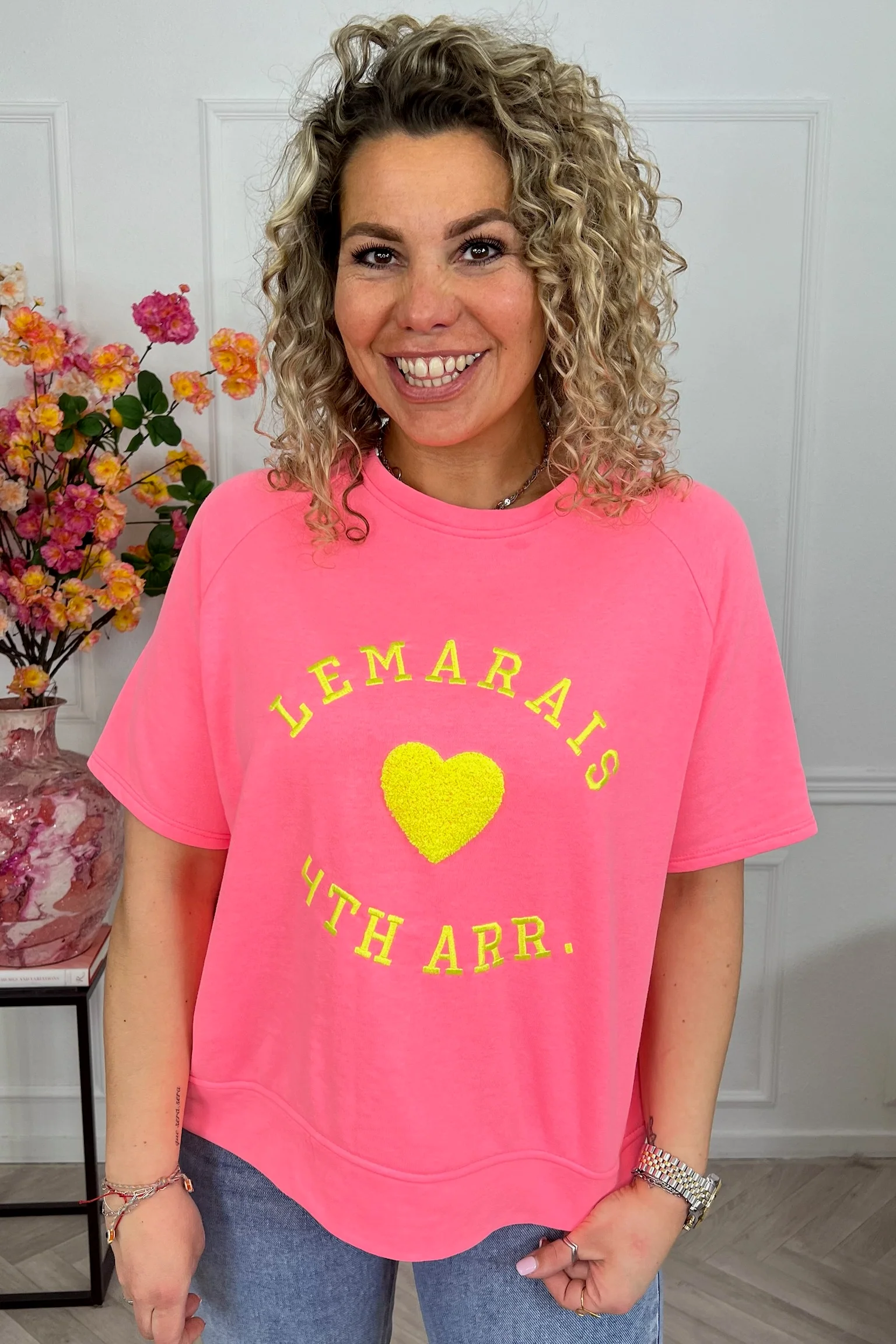 Le Marais Short Sleeve Sweater - Neon Pink - Image 3