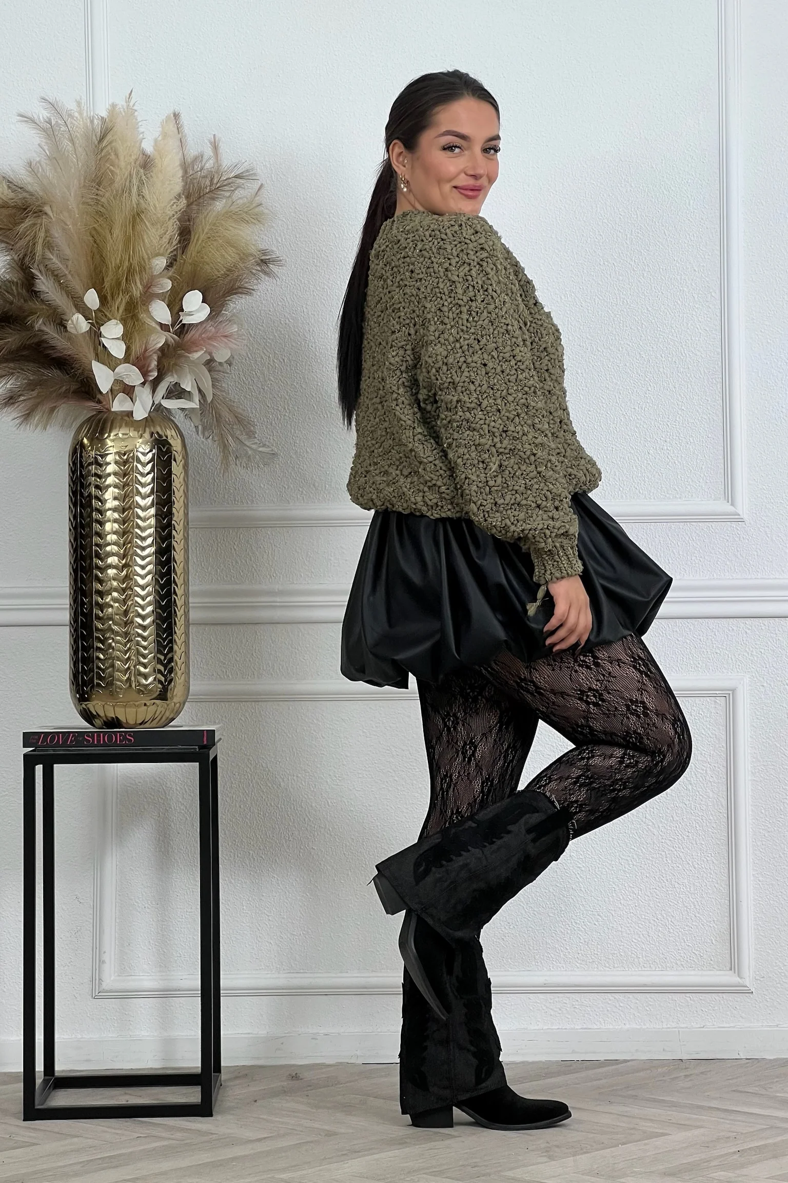 Leather Look Balloon Skirt - Black - Image 3