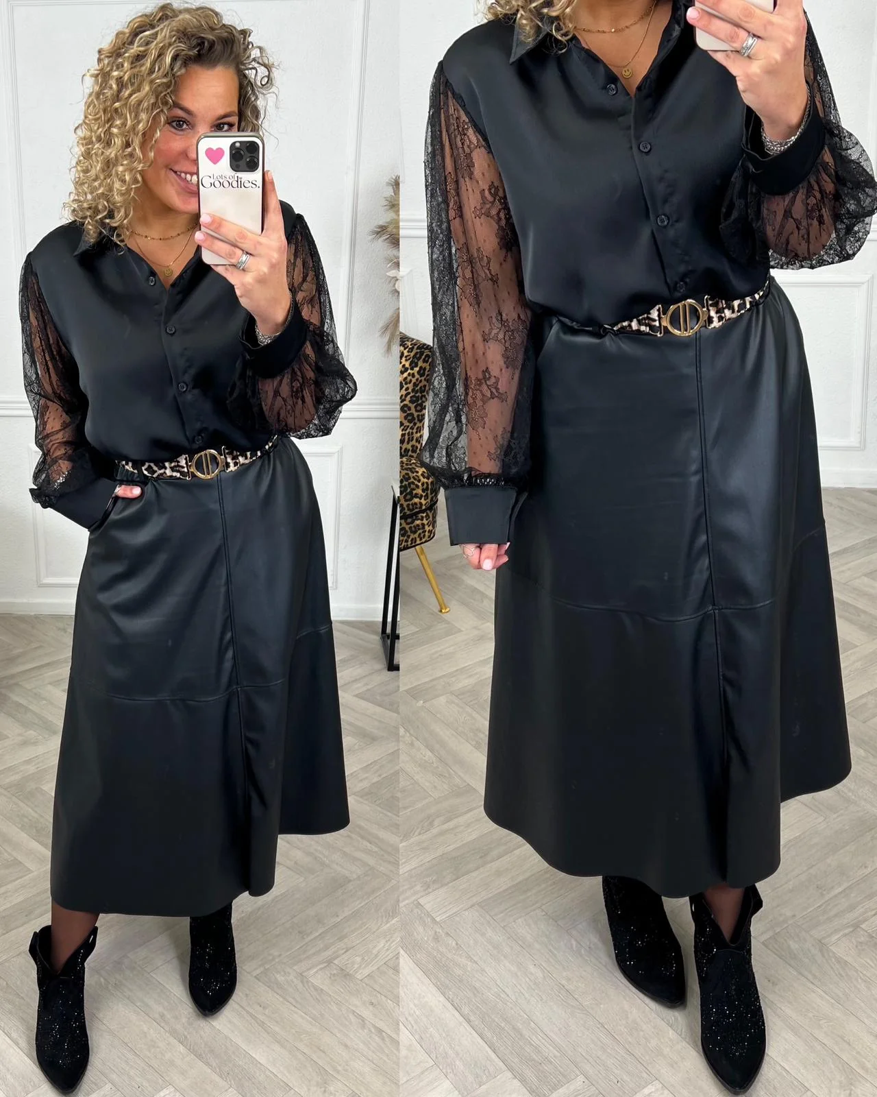 Leather Look Belt Skirt - Black