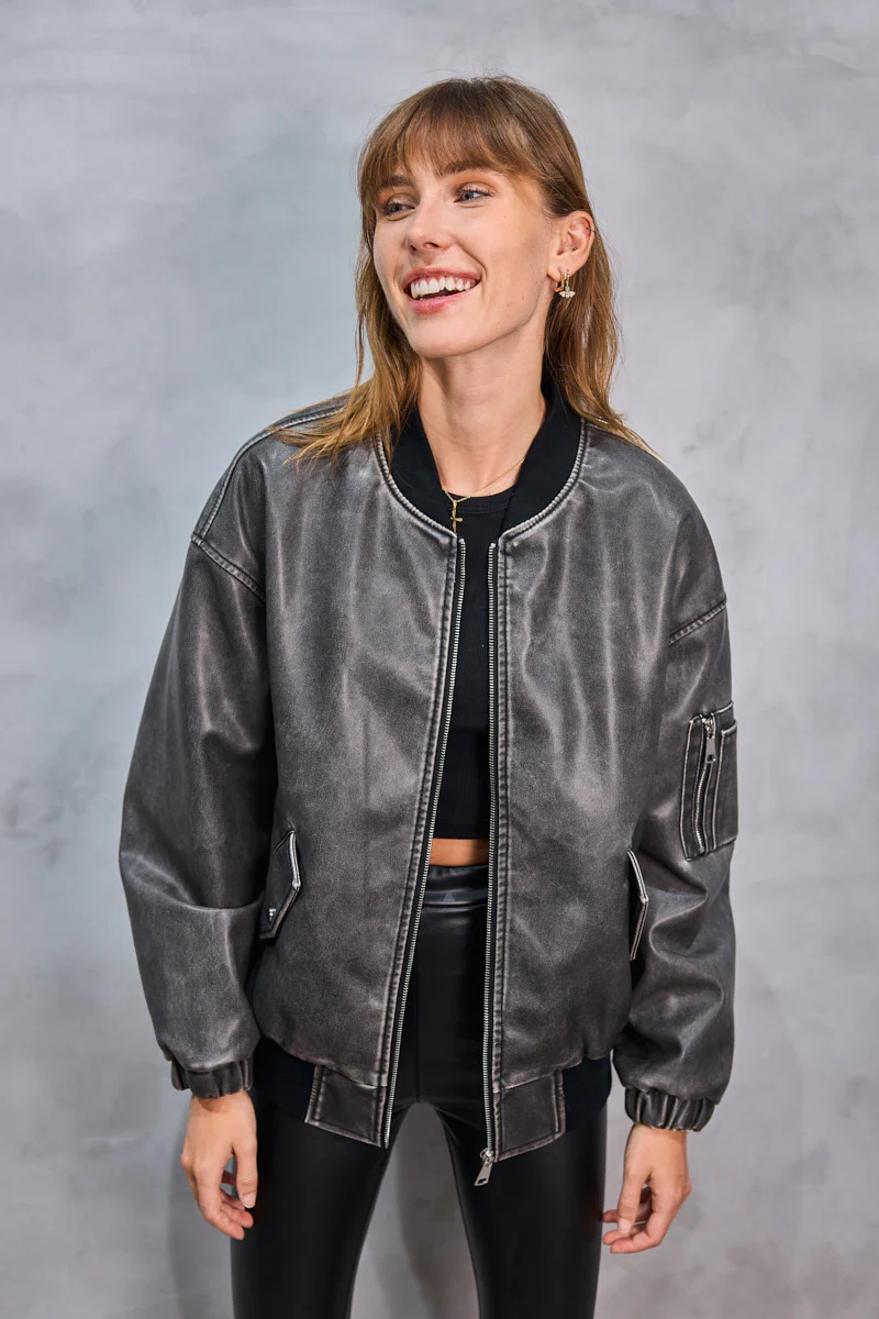 Leather Look Bomber Jacket - Washed Black