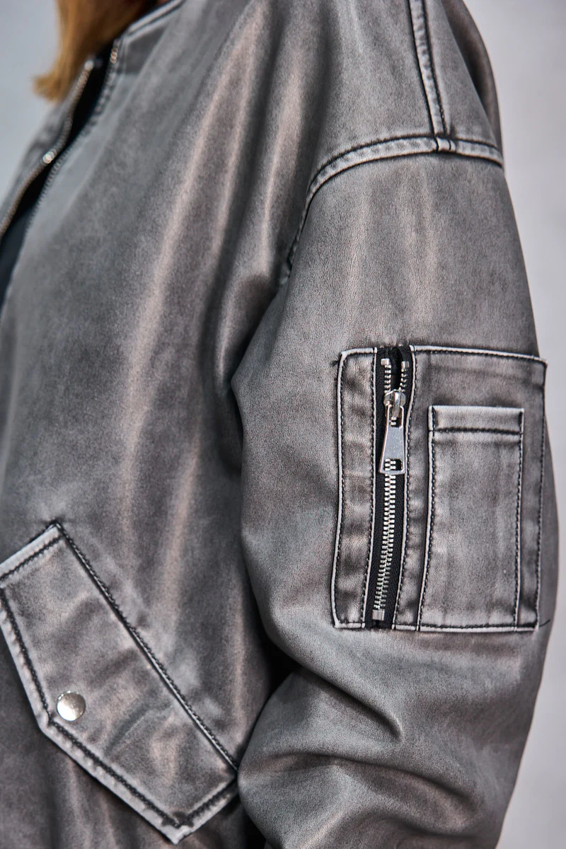 Leather Look Bomber Jacket - Washed Black - Image 2