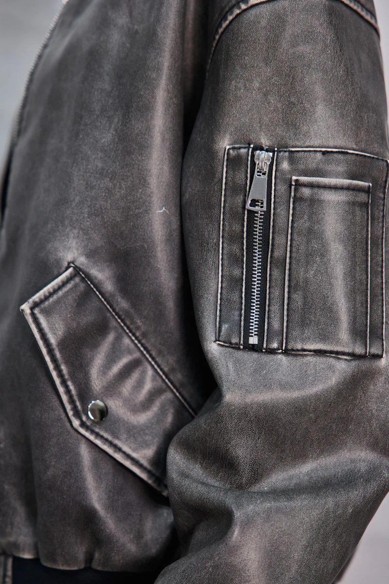 Leather Look Bomber Jacket - Washed Black - Image 3