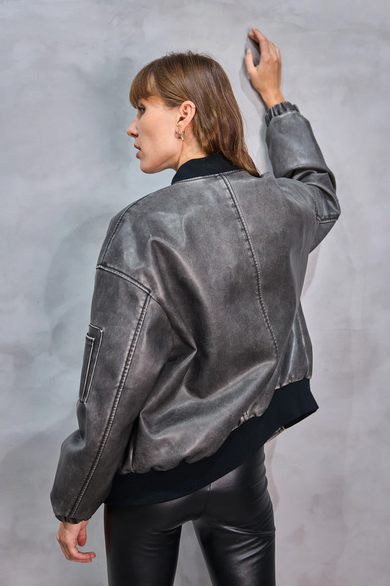 Leather Look Bomber Jacket - Washed Black - Image 4
