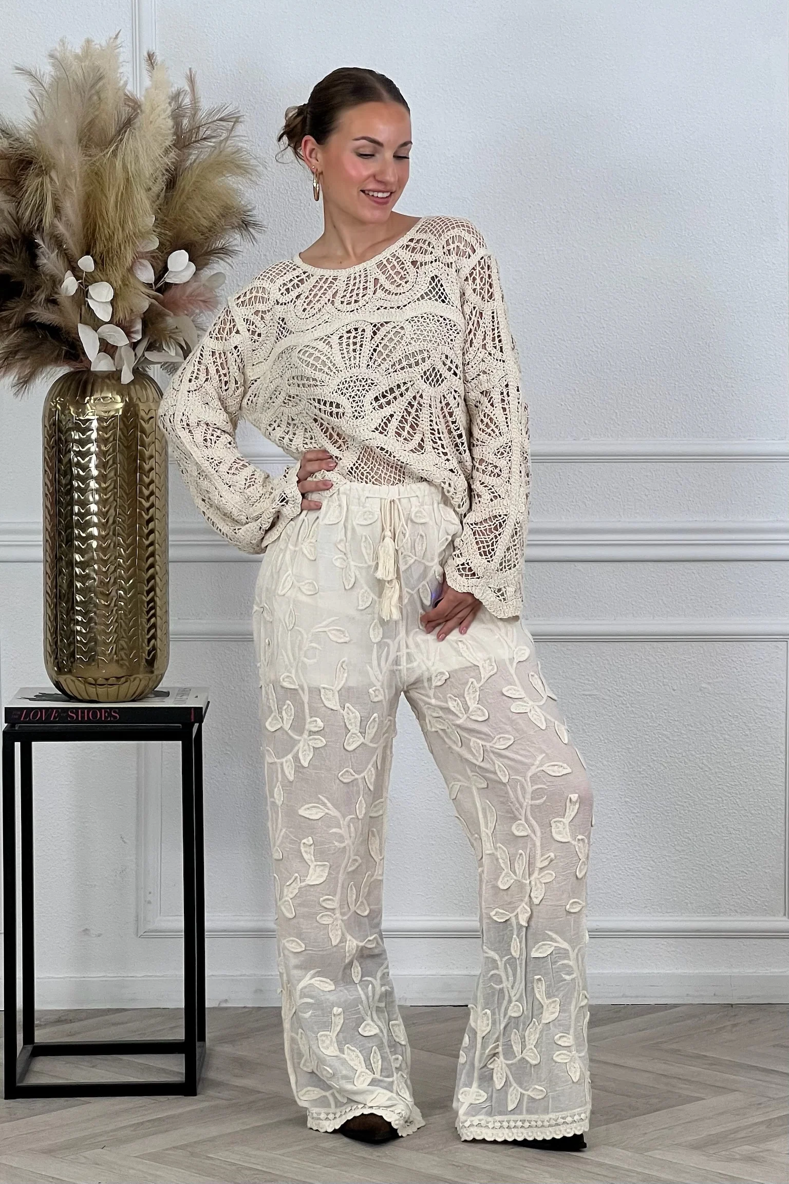 Leaves Wide leg Pants - Beige