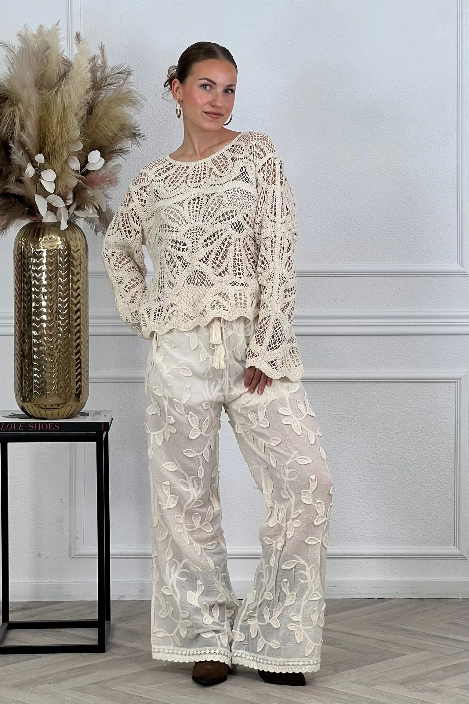 Leaves Wide leg Pants - Beige - Image 2