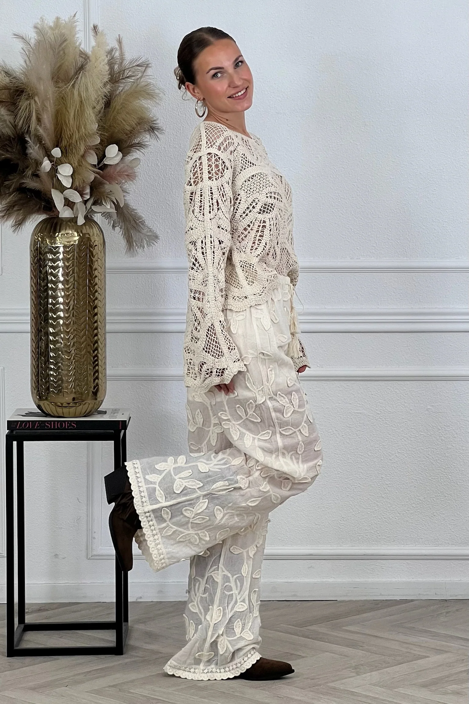 Leaves Wide leg Pants - Beige - Image 3