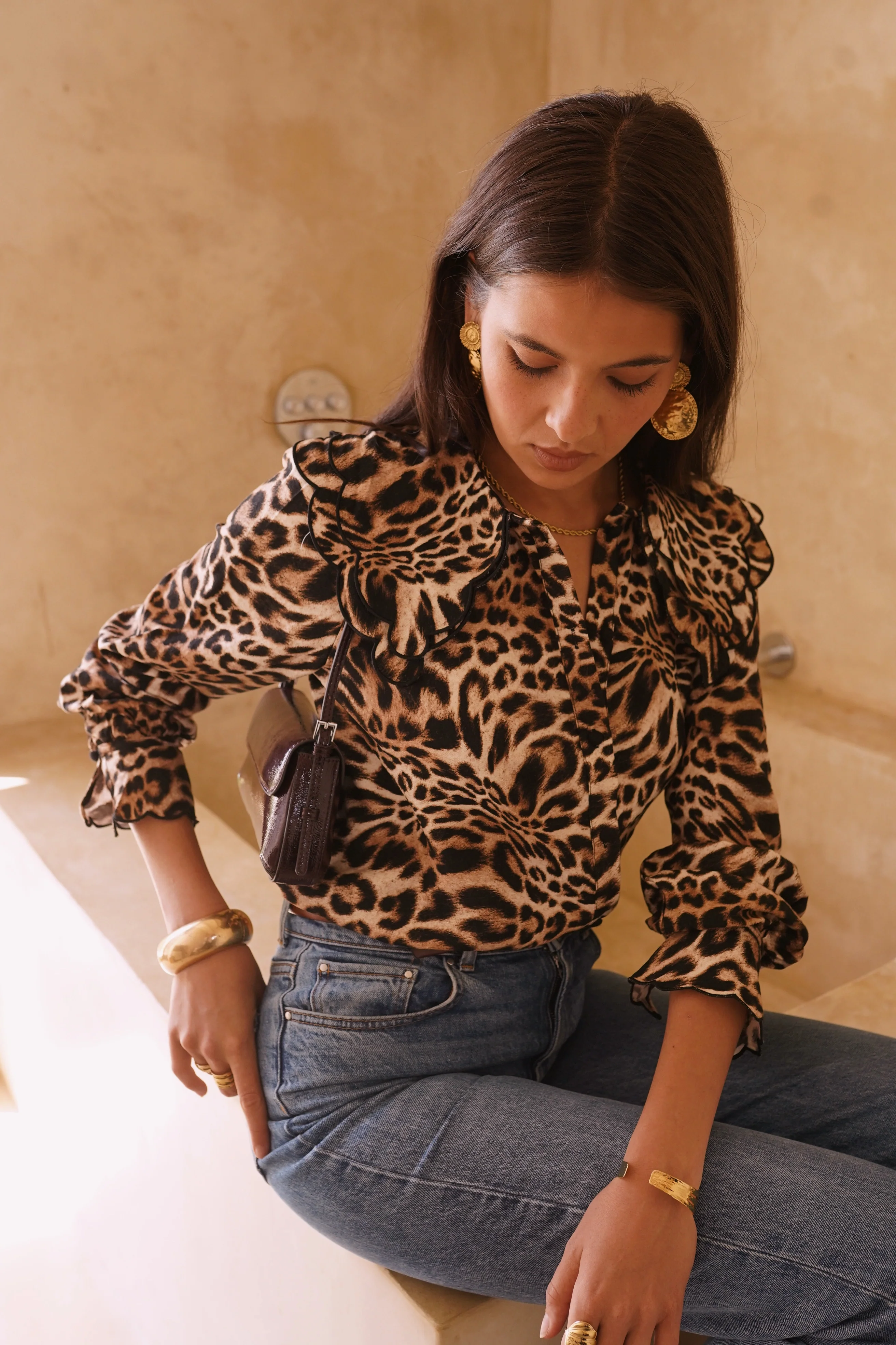 Leopard Ruffle Collar Blouse - Brown - Image 4
