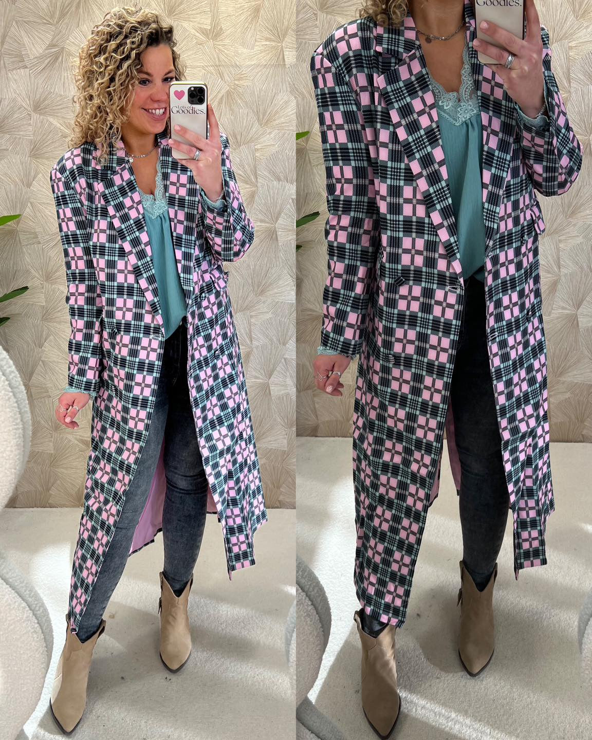 Long Checkered Coat - Pink/Green