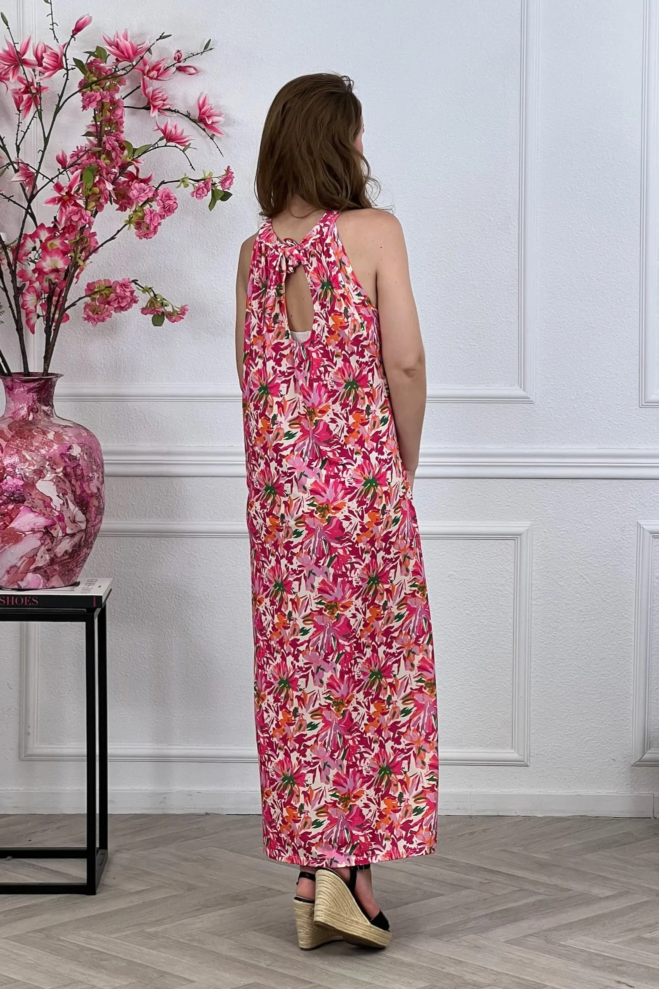 Long Halter Flower Dress - Pink - Image 2