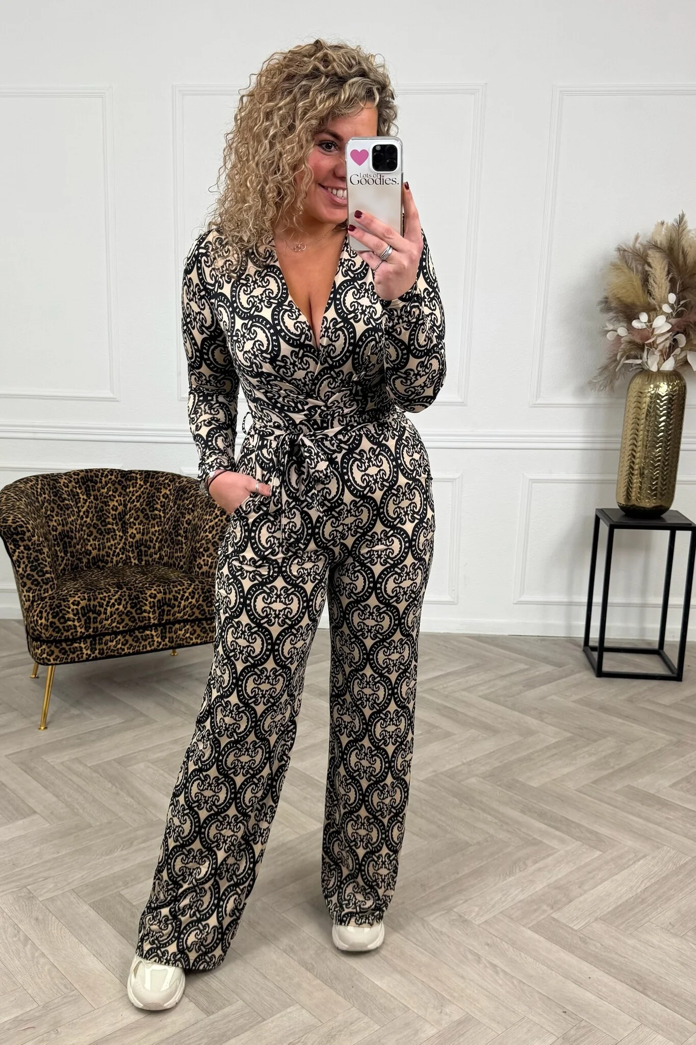 Long Sleeve Barok Jumpsuit - Beige/Black